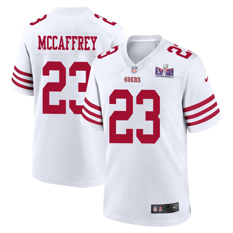Christian McCaffrey 23 San Francisco 49ers Super Bowl LVIII Patch Game Men Jersey - White - JSDV723