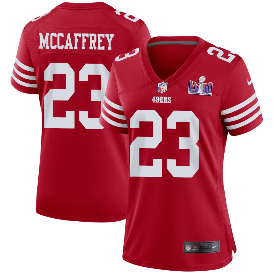 Christian McCaffrey 23 San Francisco 49ers Super Bowl LVIII Patch Game Women Jersey - Scarlet - JSDV157