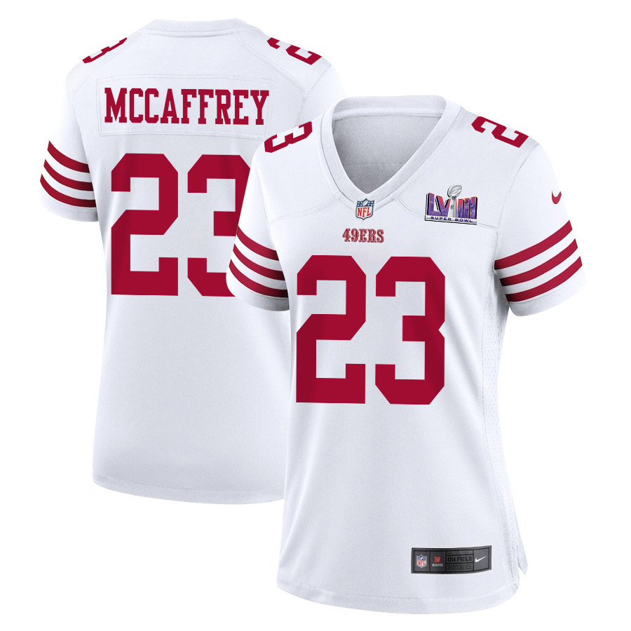 Christian McCaffrey 23 San Francisco 49ers Super Bowl LVIII Patch Game Women Jersey - White - JSDV596
