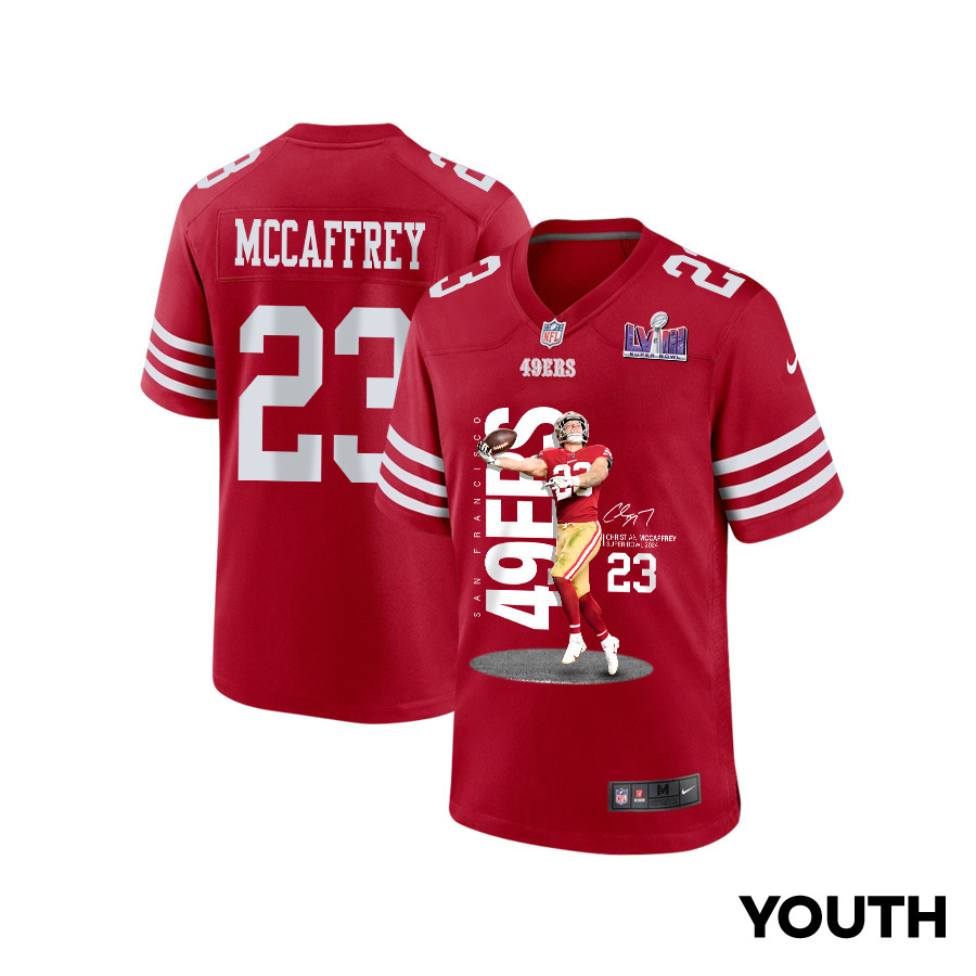 Christian McCaffrey 23 San Francisco 49ers Throwing Ball Game YOUTH Jersey - Scarlet - JSDV464
