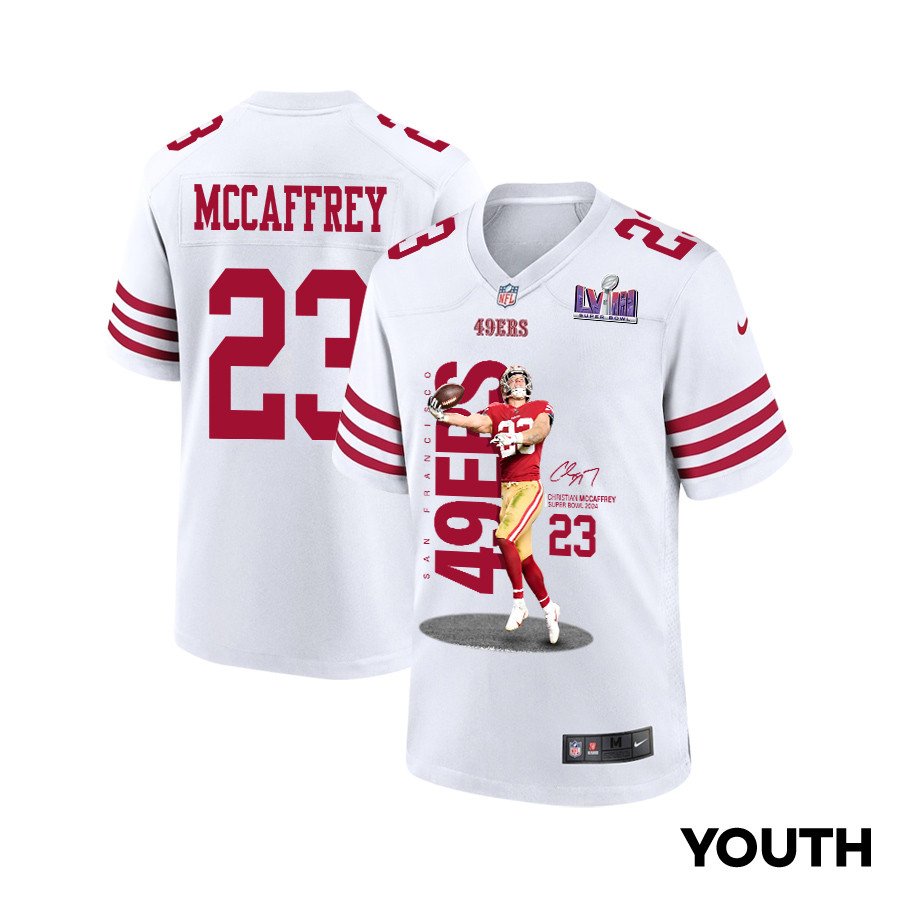 Christian McCaffrey 23 San Francisco 49ers Throwing Ball Game YOUTH Jersey - White - JSDV211
