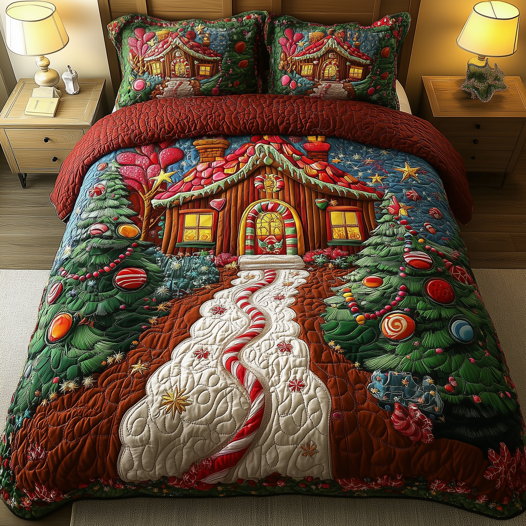 Christmas Candy Cabin Quilted Bedding Set Mum And Daughter Gifts
