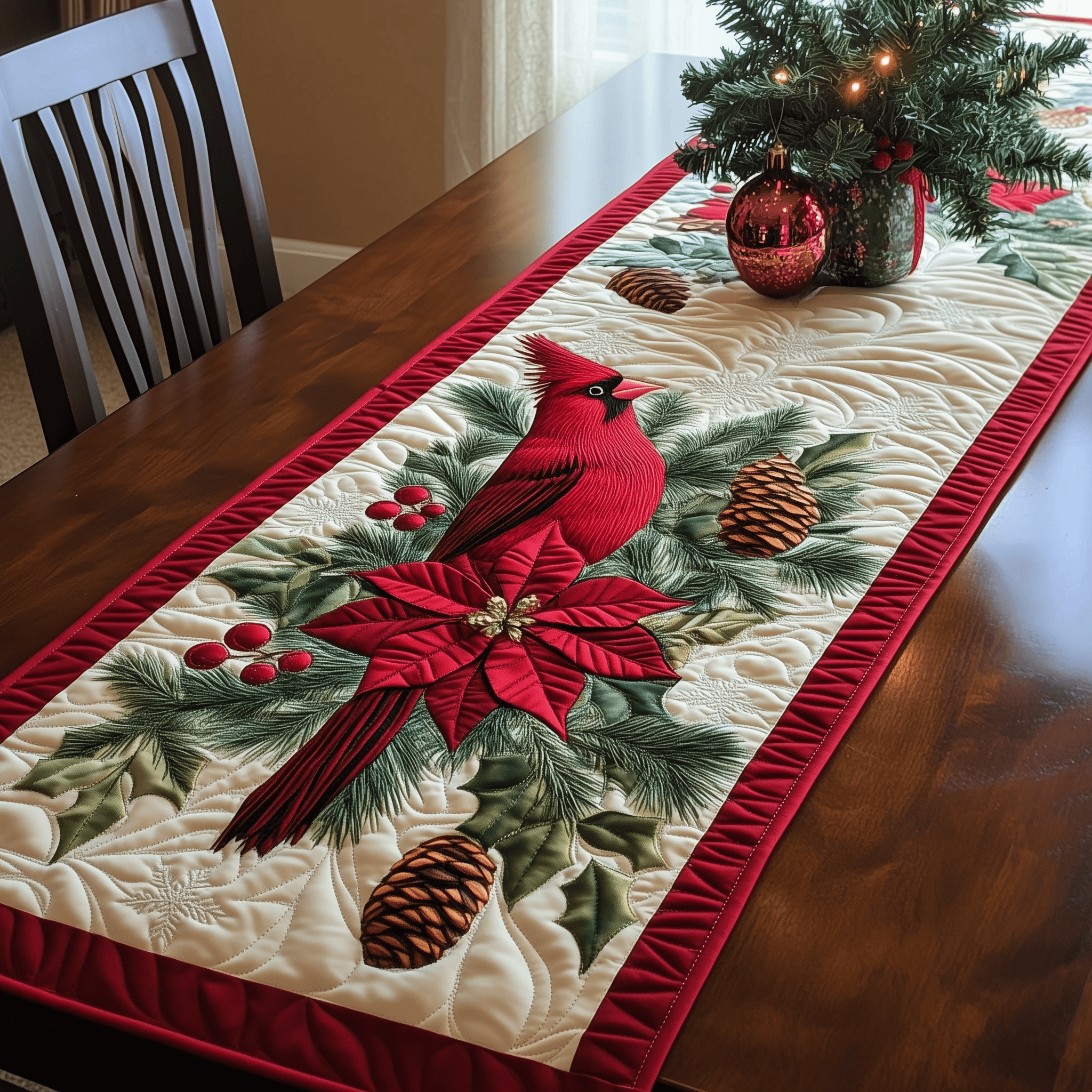 Christmas Cardinal Quilted Table Runner Elegant and Festive