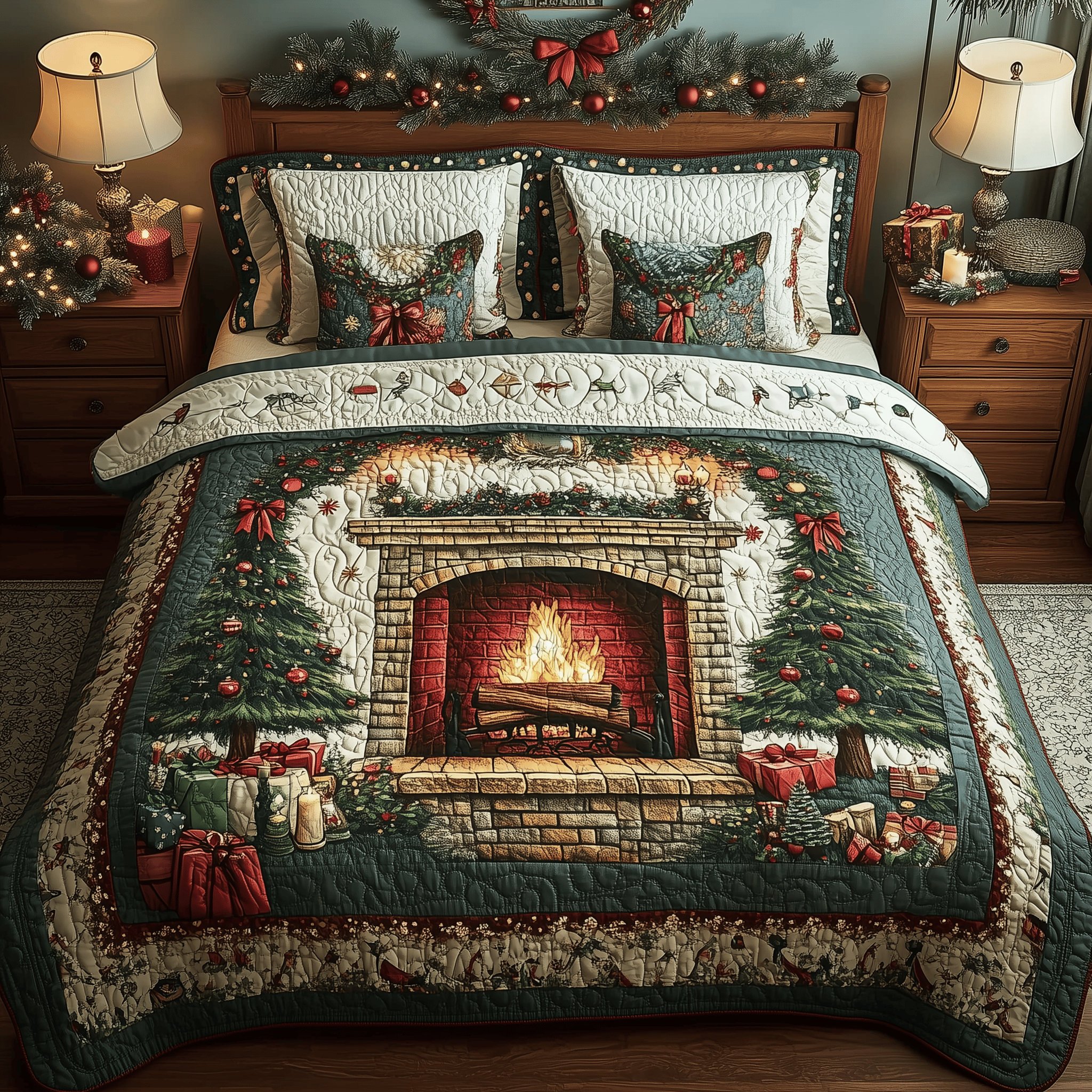 Christmas Cozy Fireplace Quilted Bedding Set  Stay warm this winter Christmas Gifts For Husband