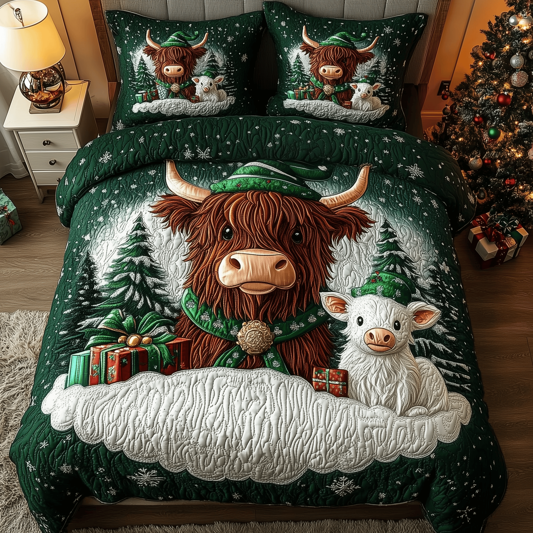 Christmas Highland Cow Quilted Bedding Set Best Gifts For Cow Lovers