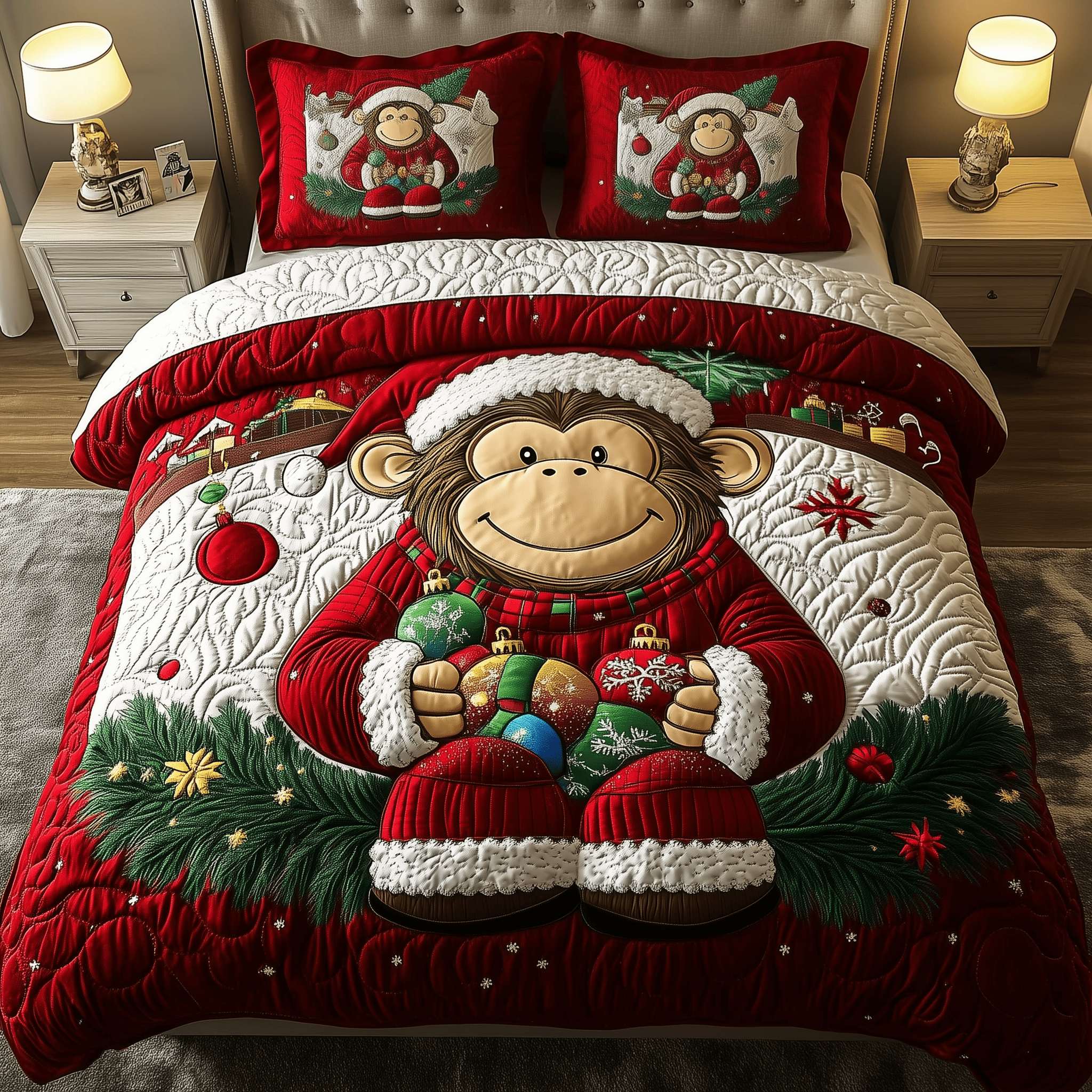 Christmas Joyful Monkey Quilted Bedding Set  Stay warm this winter Christmas Gifts For Wife