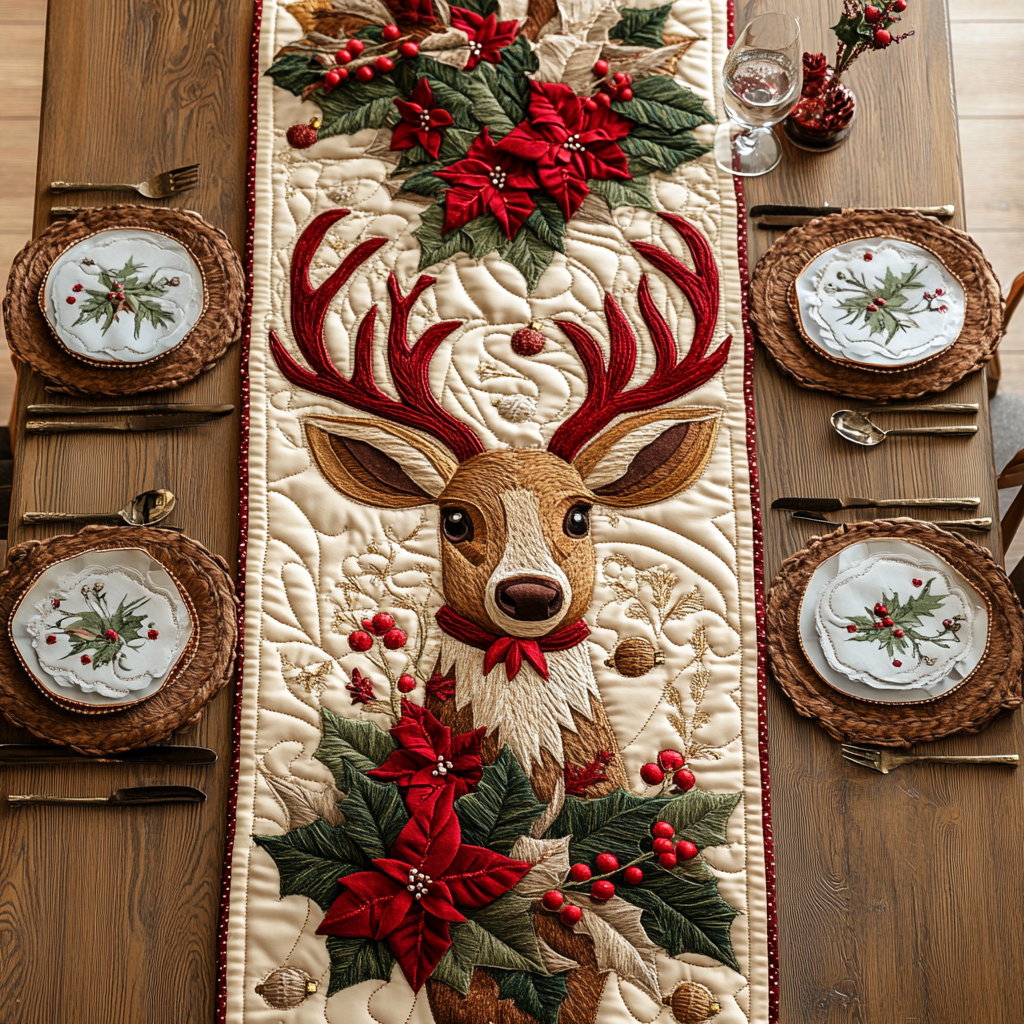 Christmas Reindeer Quilted Table Runner Holiday Christmas Kitchen Indoor Decorations Gifts For Family