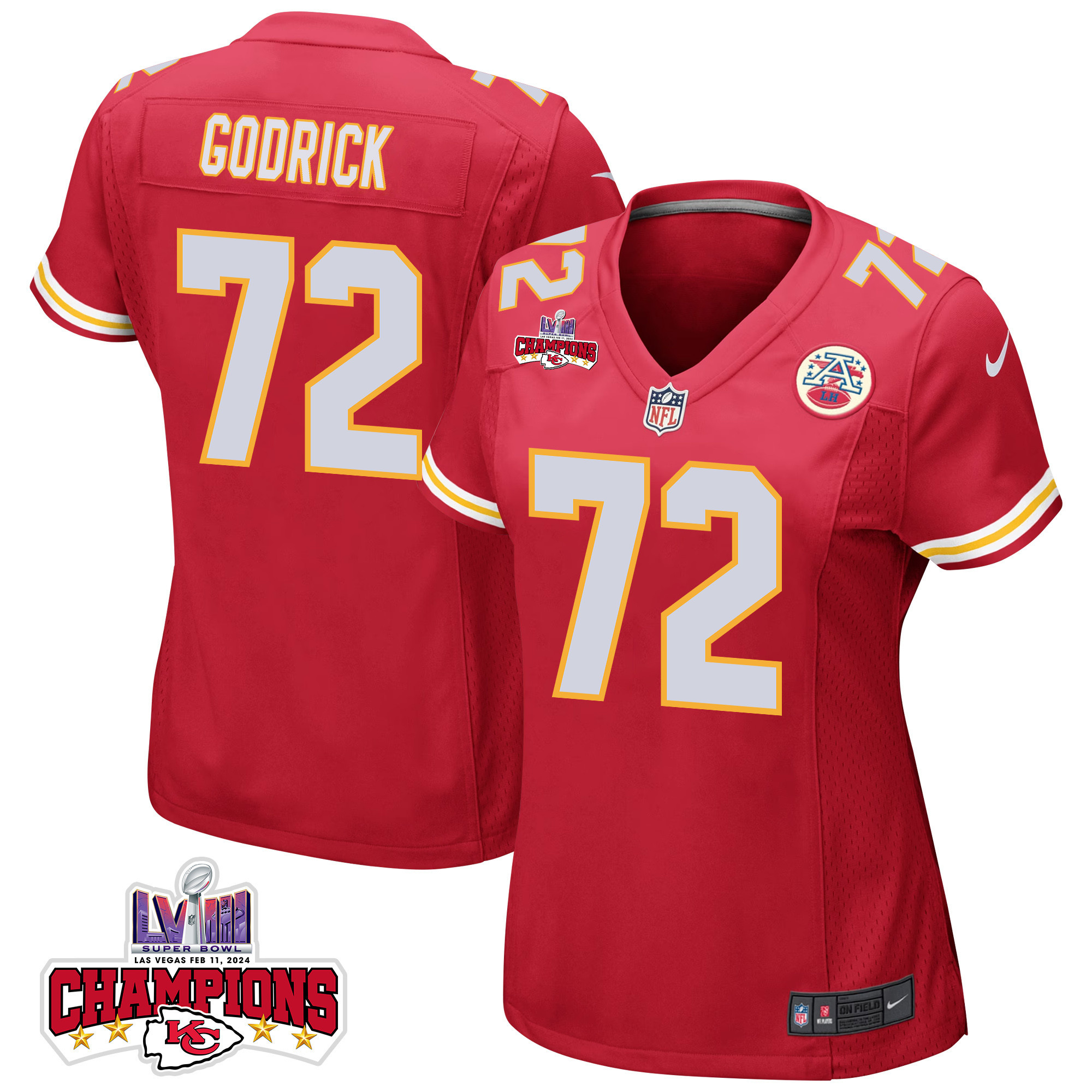 Chukwuebuka Godrick 72 Kansas City Chiefs Super Bowl LVIII Champions 4 Stars Patch Game Women Jersey - Red - JSDV402