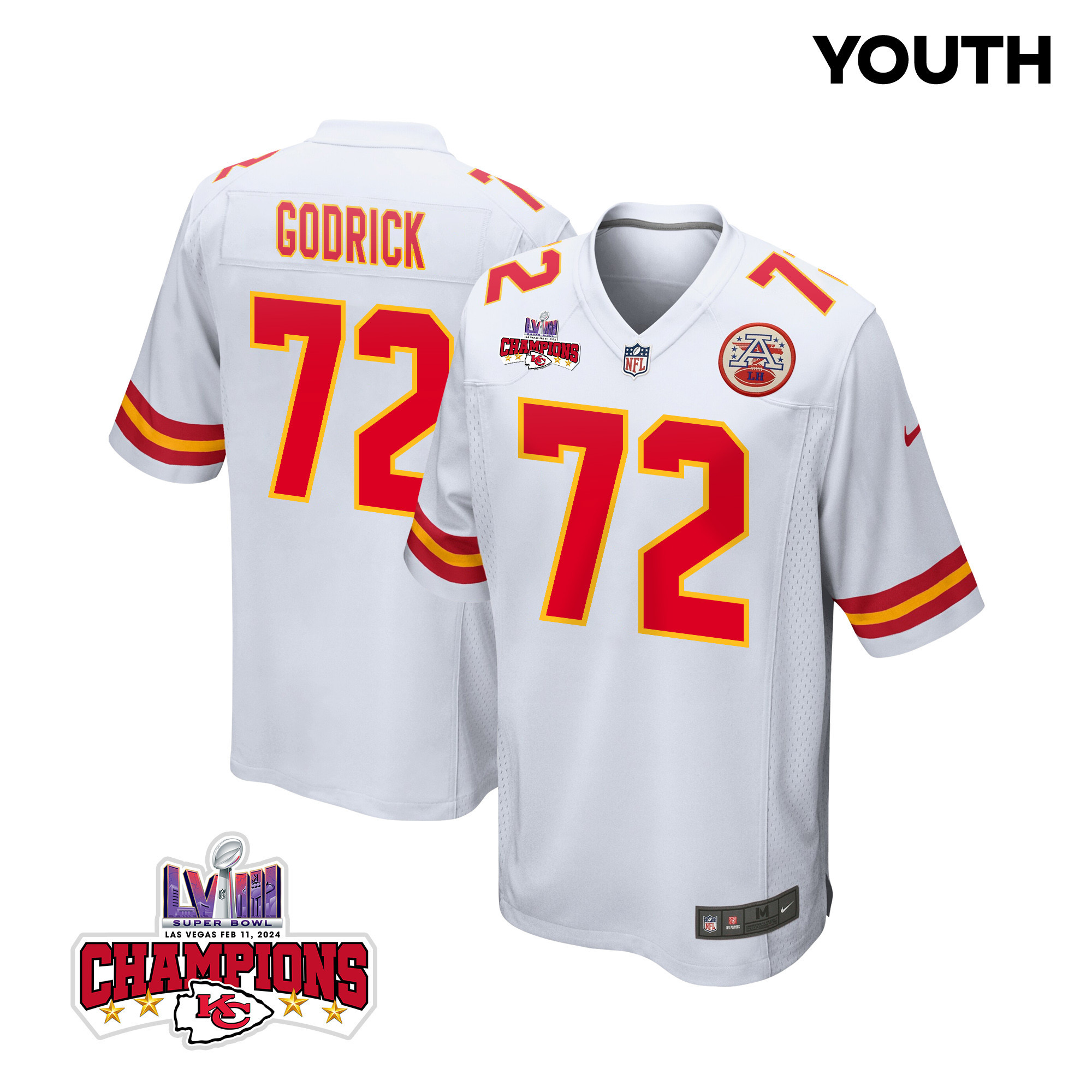 Chukwuebuka Godrick 72 Kansas City Chiefs Super Bowl LVIII Champions 4 Stars Patch Game YOUTH Jersey - White - JSDV960