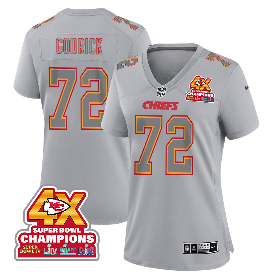 Chukwuebuka Godrick 72 Kansas City Chiefs Super Bowl LVIII Champions 4X Atmosphere Fashion Game Women Jersey - Gray - JSDV384