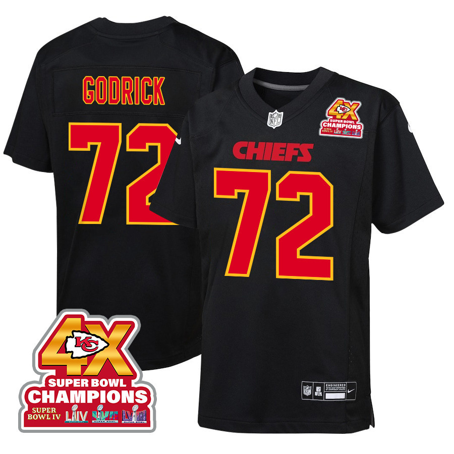 Chukwuebuka Godrick 72 Kansas City Chiefs Super Bowl LVIII Champions 4X Fashion Game YOUTH Jersey - Carbon Black - JSDV113