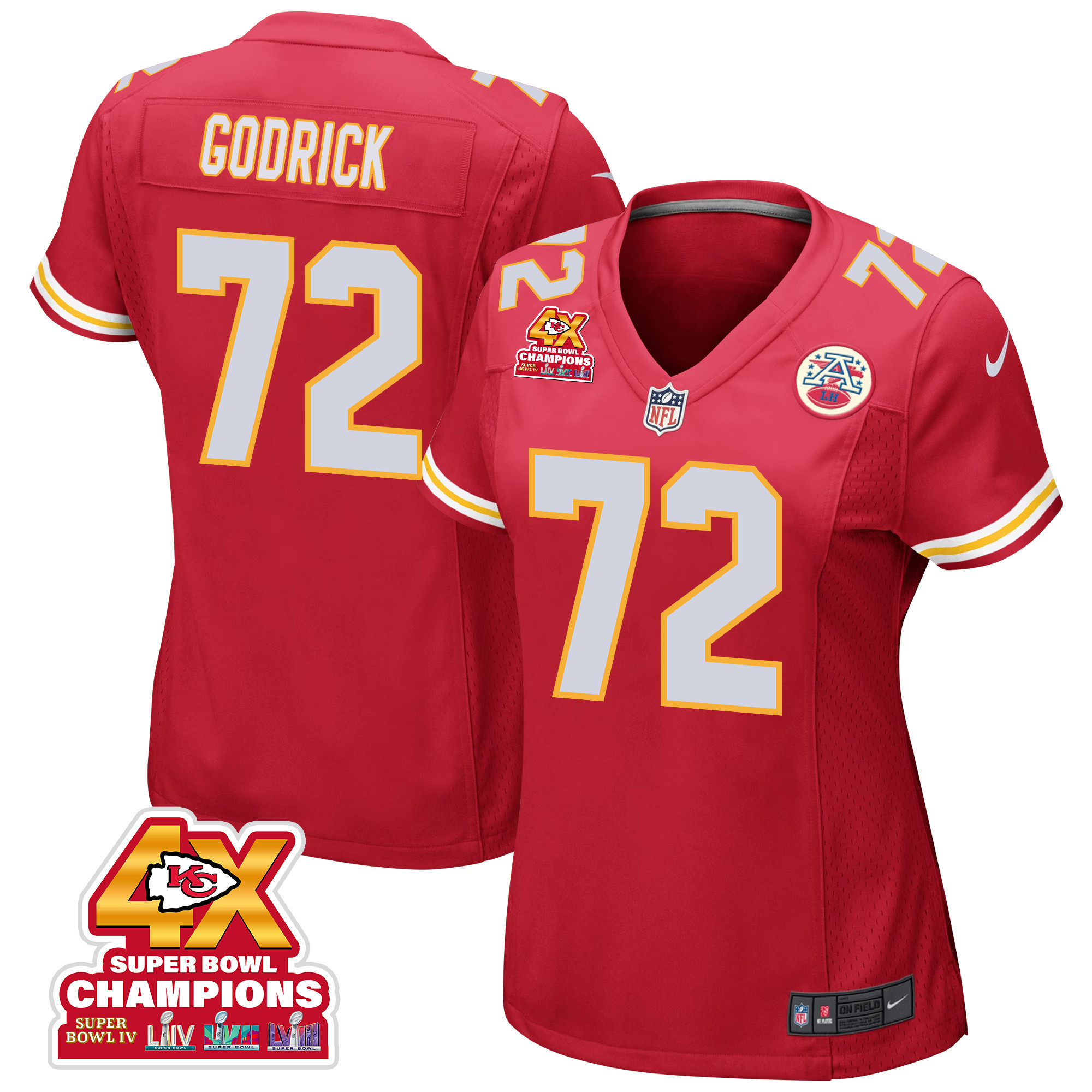 Chukwuebuka Godrick 72 Kansas City Chiefs Super Bowl LVIII Champions 4X Game Women Jersey - Red - JSDV444