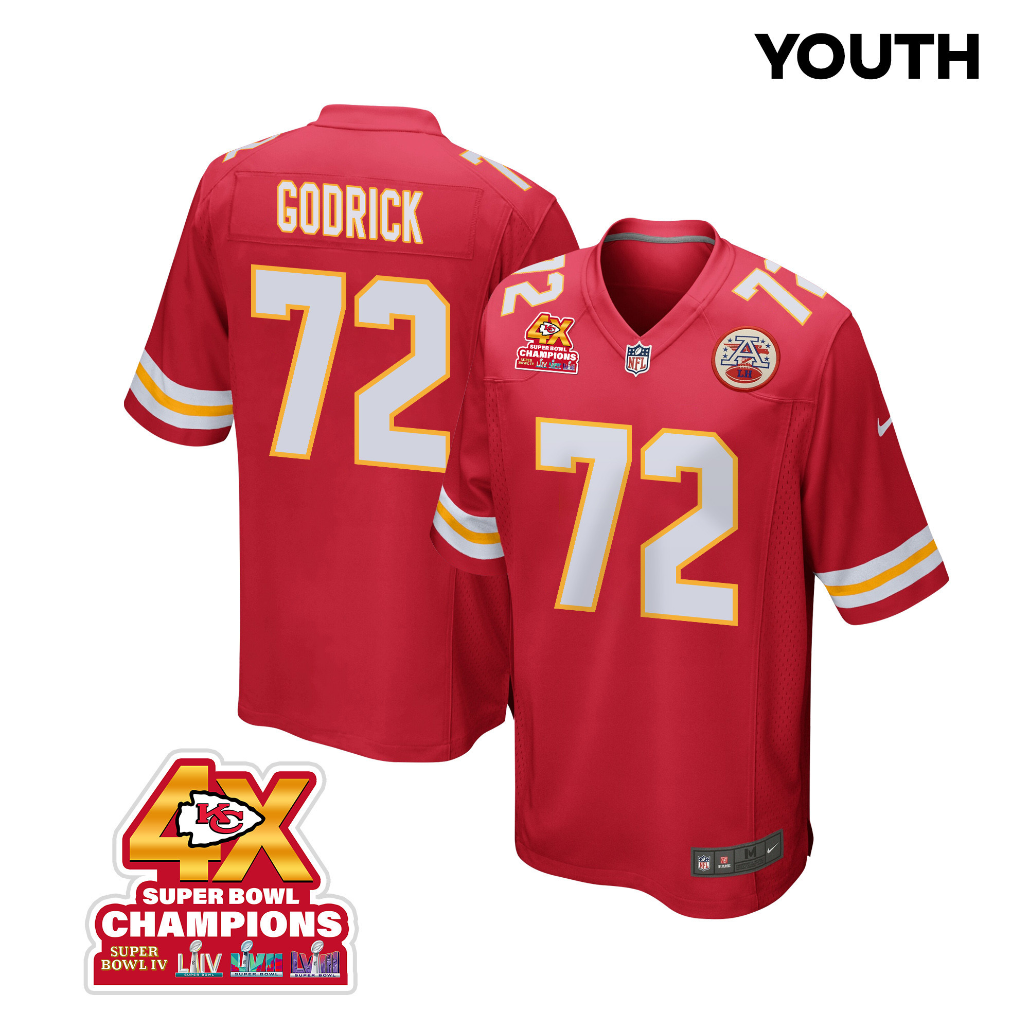 Chukwuebuka Godrick 72 Kansas City Chiefs Super Bowl LVIII Champions 4X Game YOUTH Jersey - Red - JSDV613