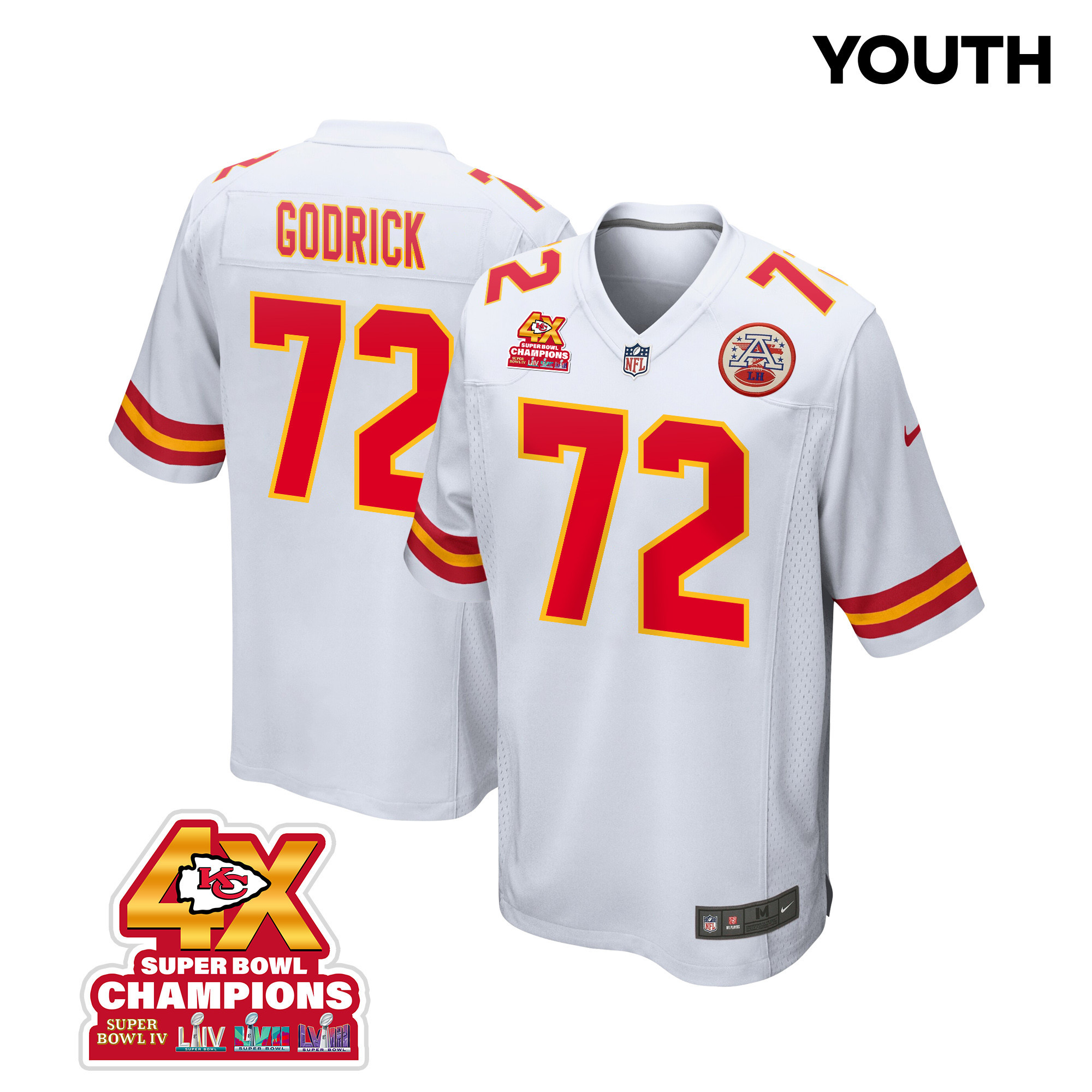 Chukwuebuka Godrick 72 Kansas City Chiefs Super Bowl LVIII Champions 4X Game YOUTH Jersey - White - JSDV761