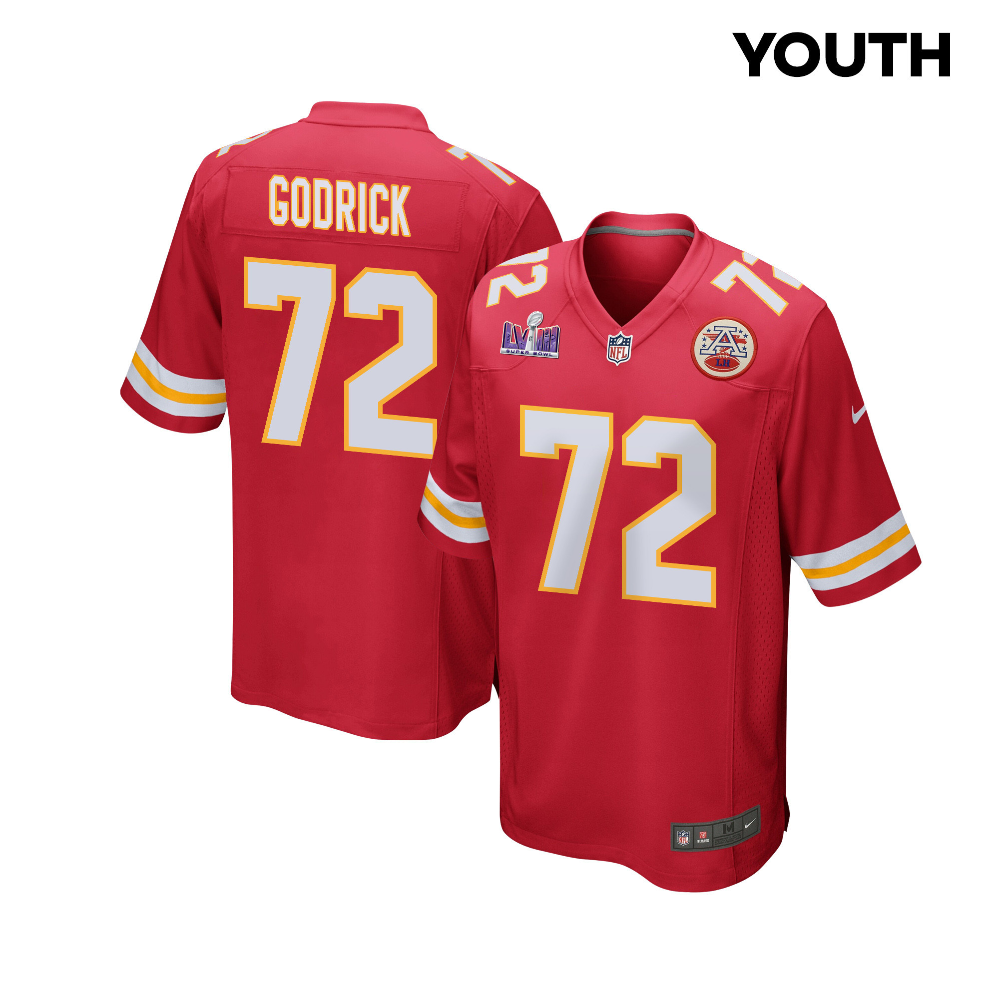 Chukwuebuka Godrick 72 Kansas City Chiefs Super Bowl LVIII Patch Game YOUTH Jersey - Red - JSDV664