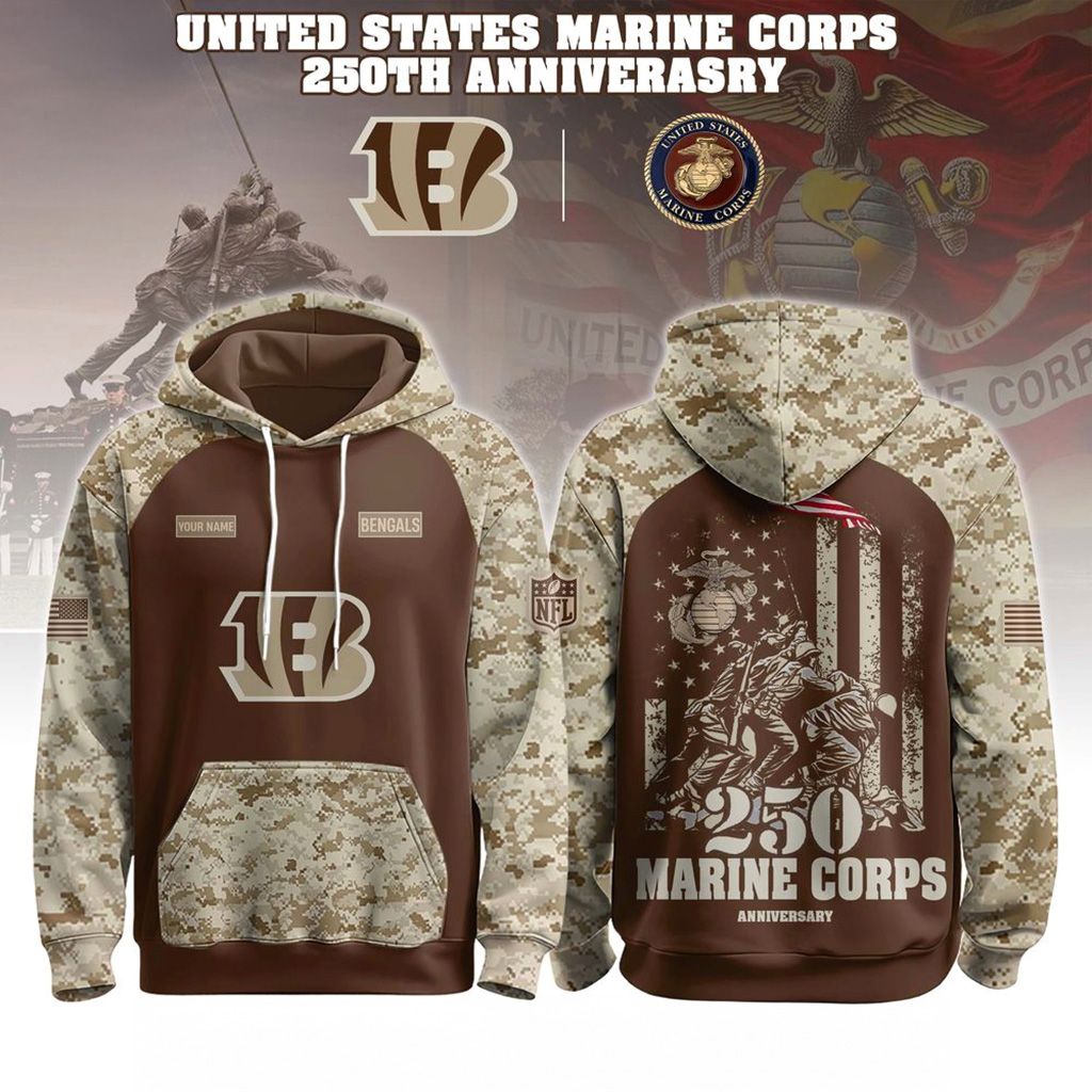 Cincinnati Bengals USMC 250th Birthday Hoodie Bengals Merch Football Fan Gift Ideas