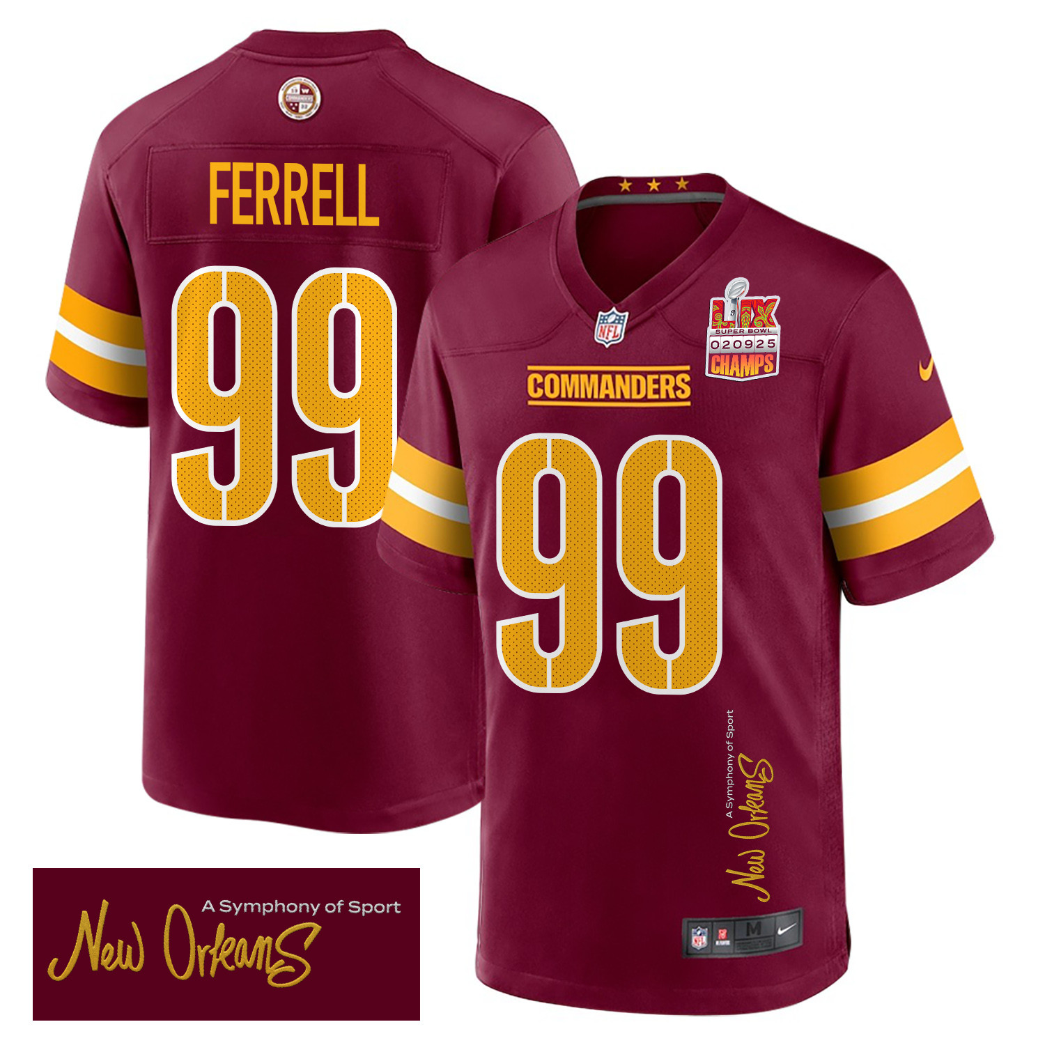 Clelin Ferrell 99 Washington Commanders Super Bowl LIX Champions Patch 'New Orleans - A Symphony of Sport' EMBROIDERED Game Men Jersey - Burgundy - JS424