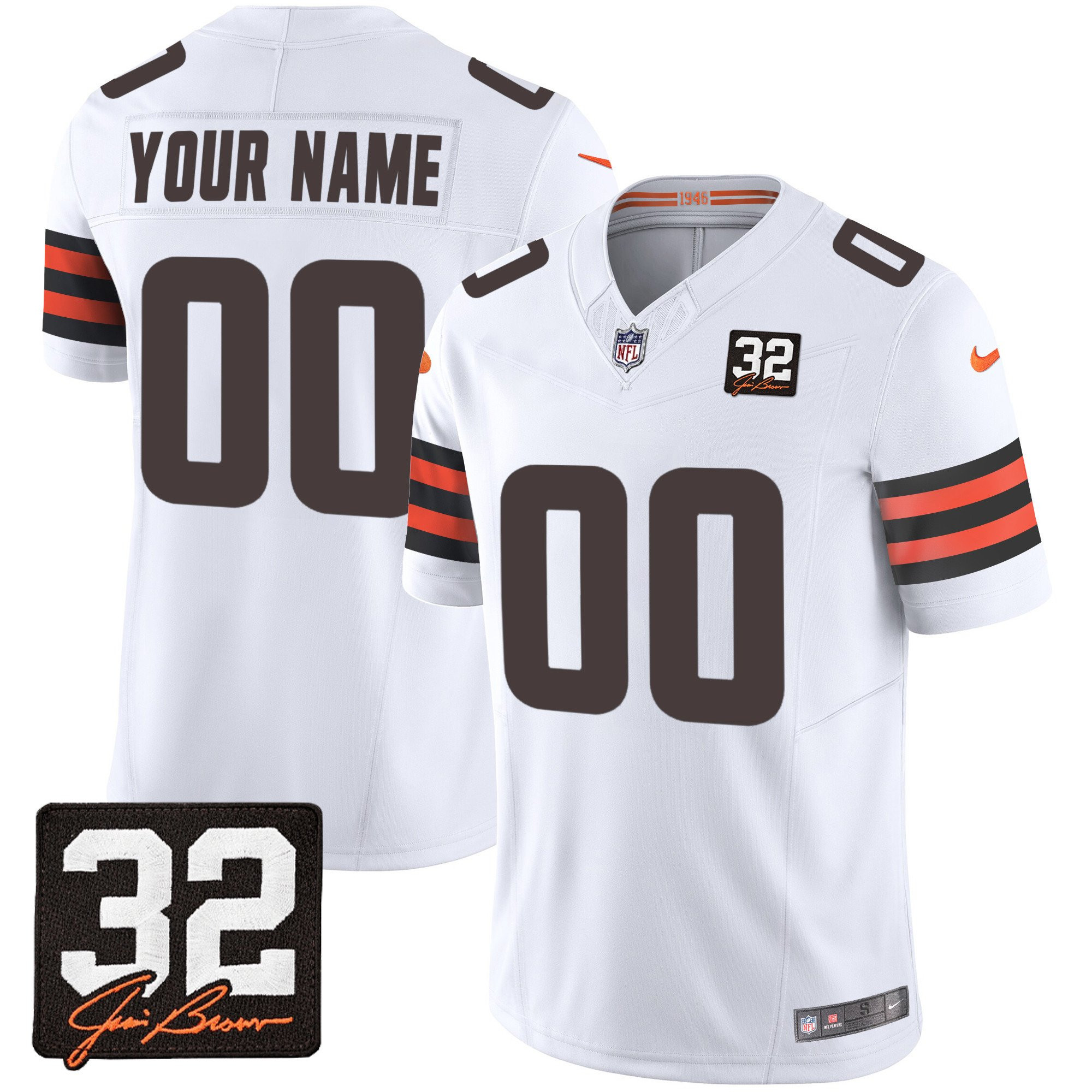 Cleveland Browns Jim Brown Memorial Patch Game Men Custom Jersey - White - JSDV189