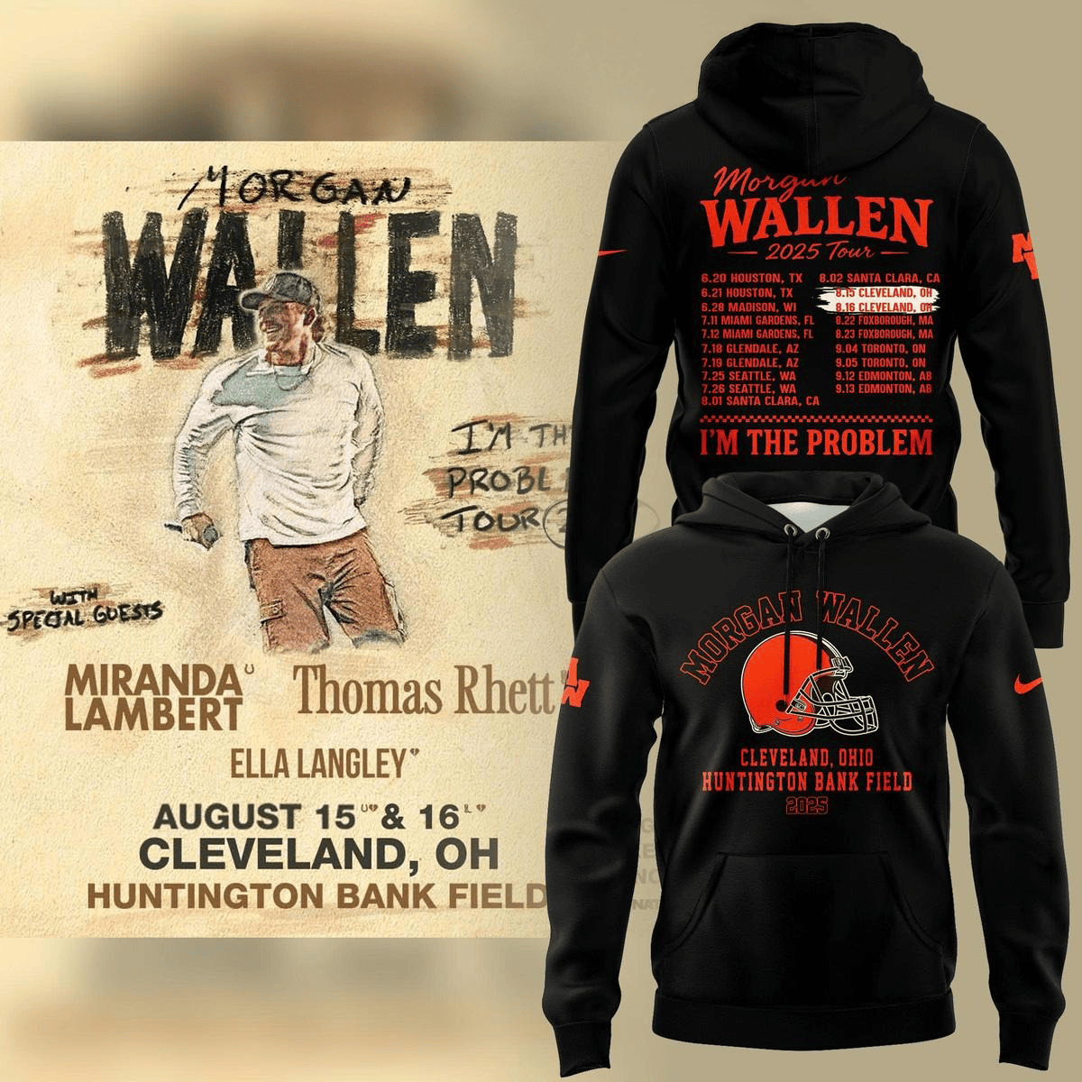 Cleveland Browns X Morgan Wallen 2025 Tour I'm The Problem Black Hoodie Browns Merch