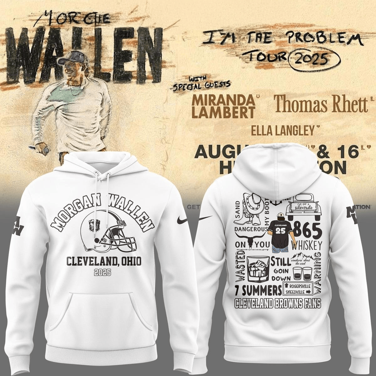 Cleveland Browns X Morgan Wallen Tour White Hoodie Cleveland Browns Merch For Fans