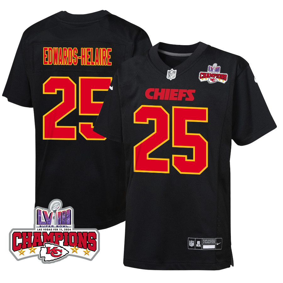 Clyde Edwards-Helaire 25 Kansas City Chiefs Super Bowl LVIII Champions 4 Stars Patch Fashion Game YOUTH Jersey - Carbon Black - JSDV636