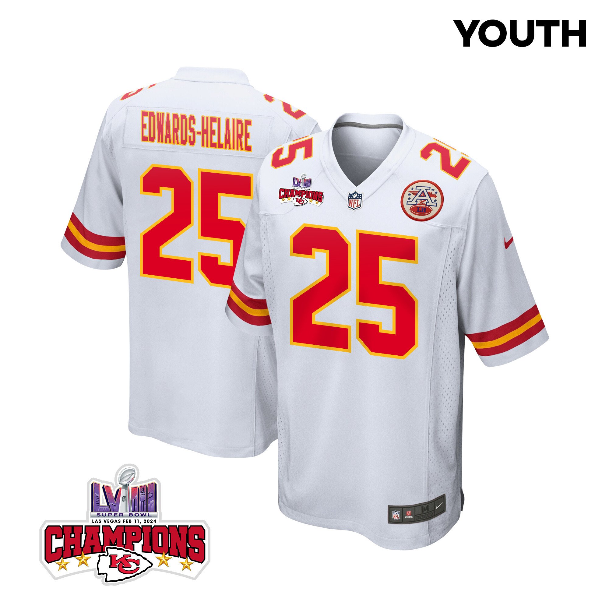Clyde Edwards-Helaire 25 Kansas City Chiefs Super Bowl LVIII Champions 4 Stars Patch Game YOUTH Jersey - White - JSDV121