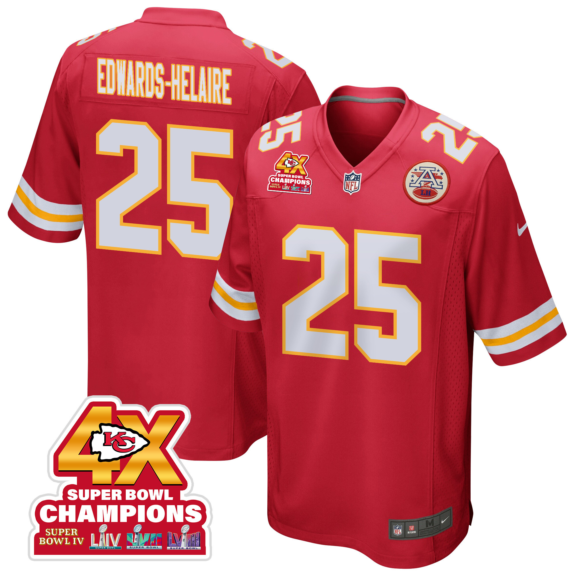 Clyde Edwards-Helaire 25 Kansas City Chiefs Super Bowl LVIII Champions 4X Game Men Jersey - Red - JSDV651
