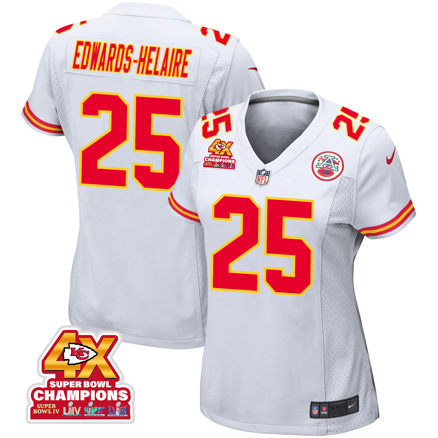 Clyde Edwards-Helaire 25 Kansas City Chiefs Super Bowl LVIII Champions 4X Game Women Jersey - White - JSDV250