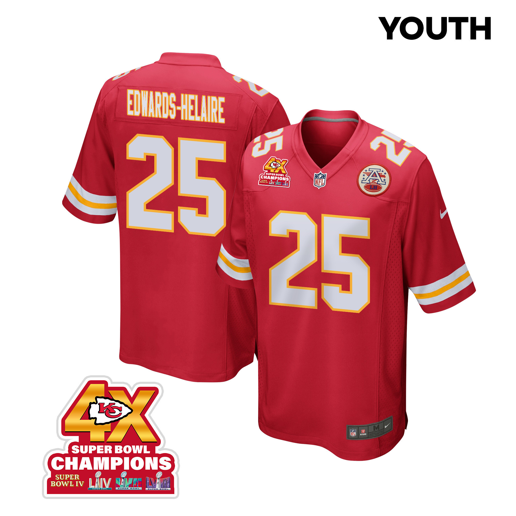 Clyde Edwards-Helaire 25 Kansas City Chiefs Super Bowl LVIII Champions 4X Game YOUTH Jersey - Red - JSDV585