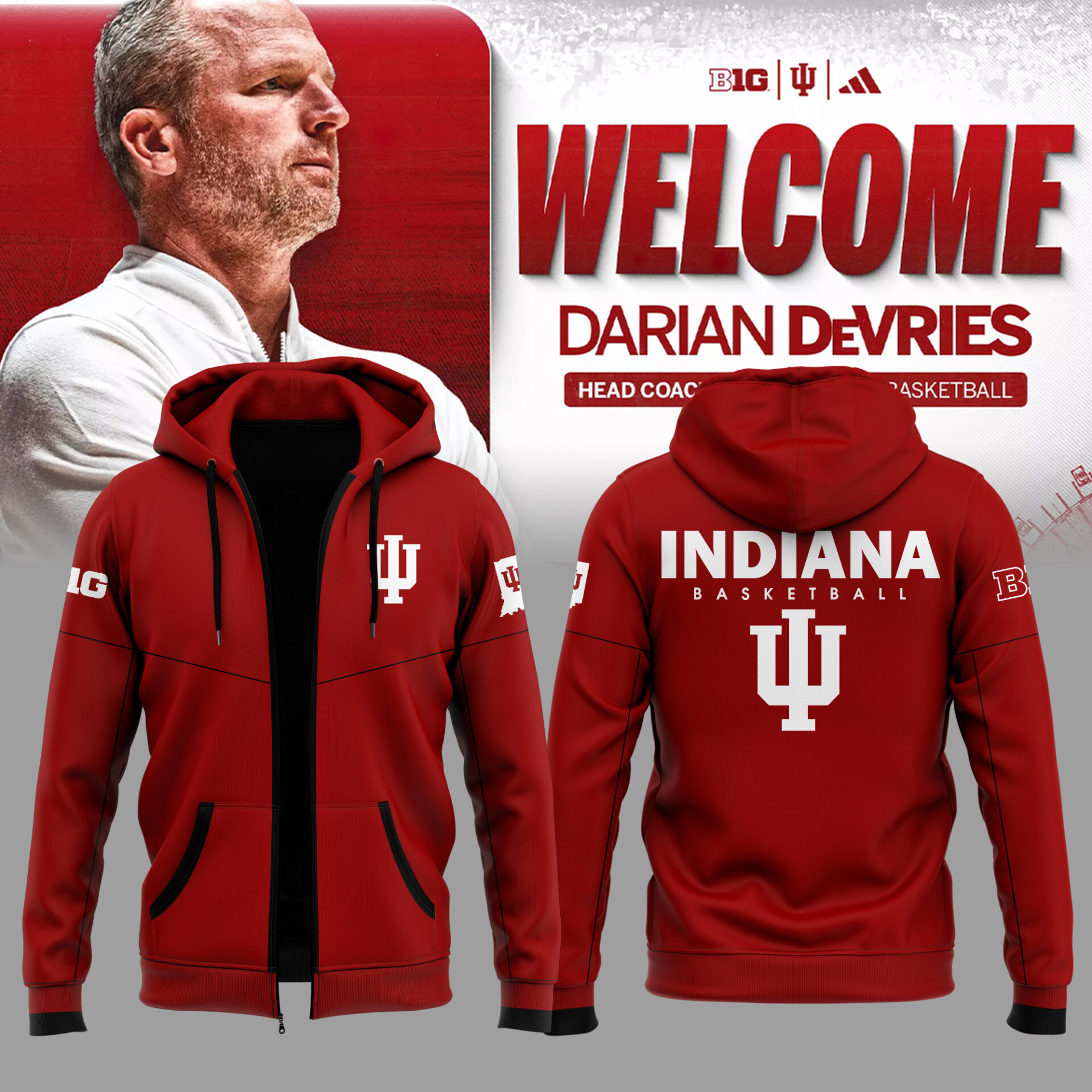 Coach Darian DeVries Indiana Men’s Basketball Zip Hoodie Basketball Coaches Gifts