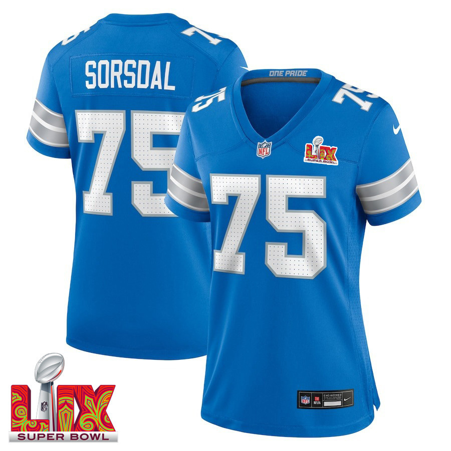 Colby Sorsdal #75 Detroit Lions Super Bowl LIX Women's Jersey - Blue - JS428