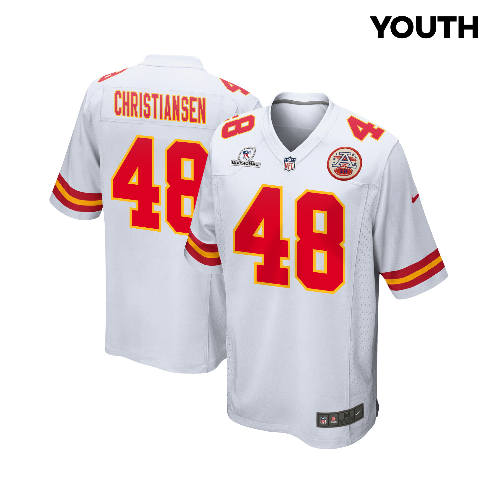 Cole Christiansen 48 Kansas City Chiefs Super Bowl LVIII Patch Game YOUTH Jersey - White - JSDV420