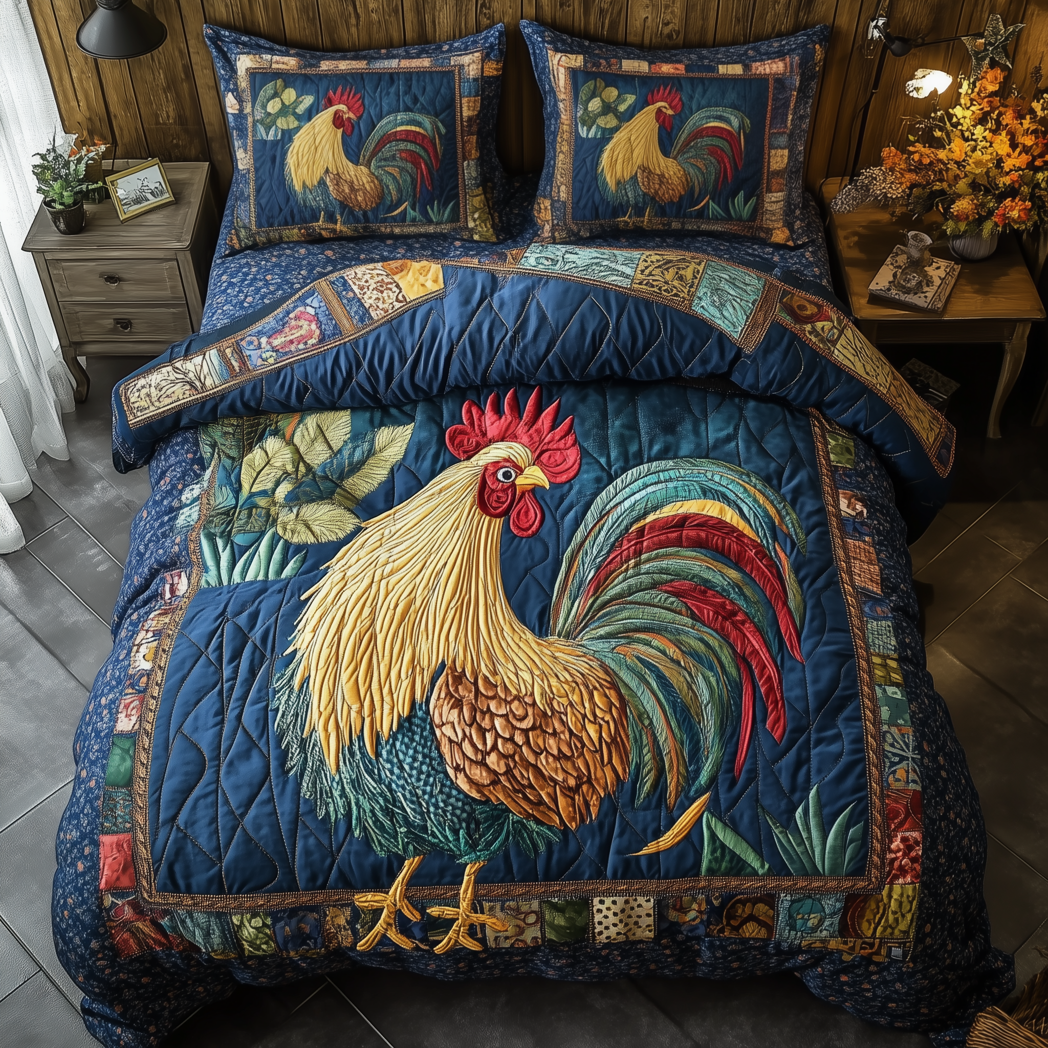 Colorburst Cock Quilted Bedding Set Duvet Cover Bedspread Set Themed Chicken Lovers Presents