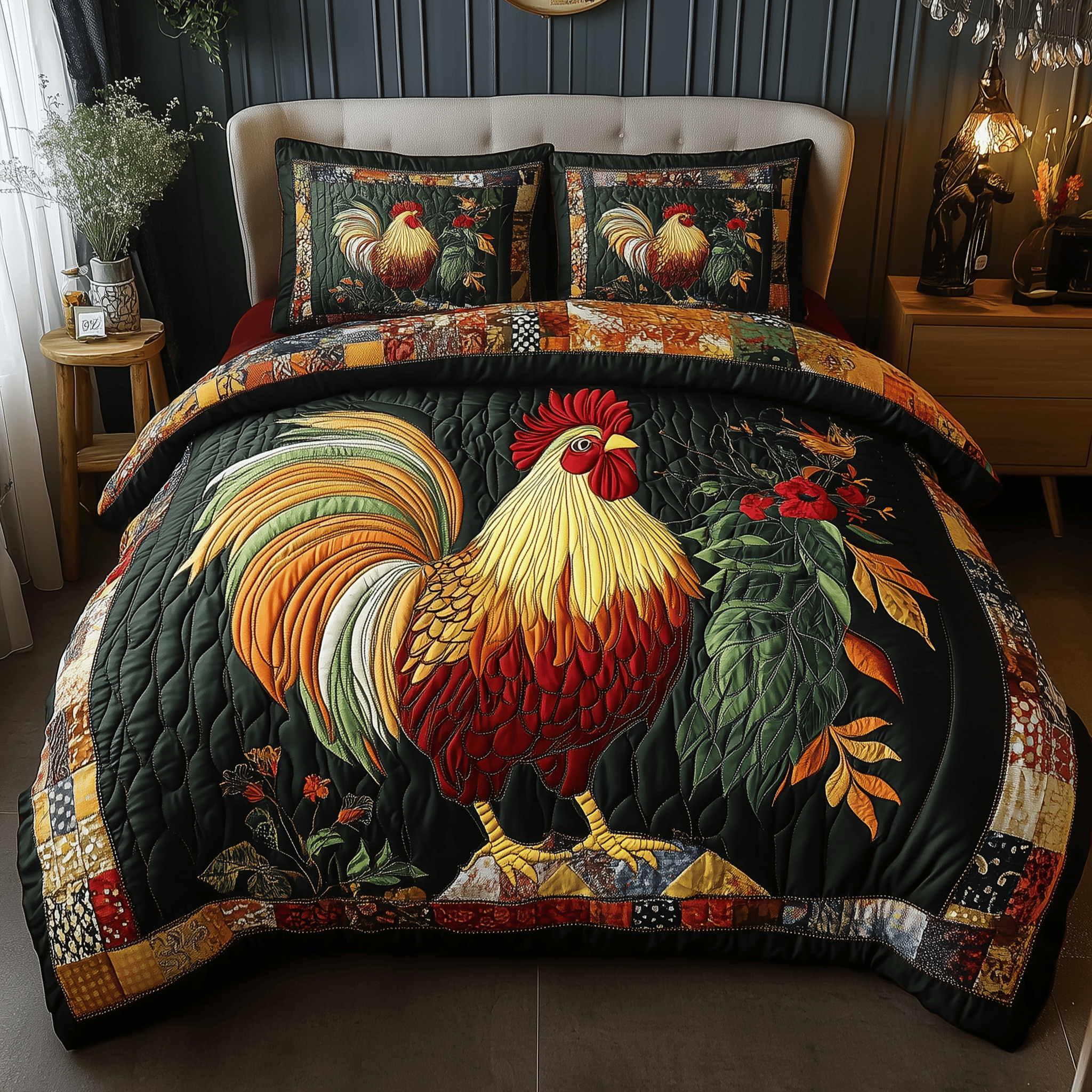 Colorburst Cock Quilted Bedding Set Duvet Cover Bedspread Set Themed Gifts For Brothers