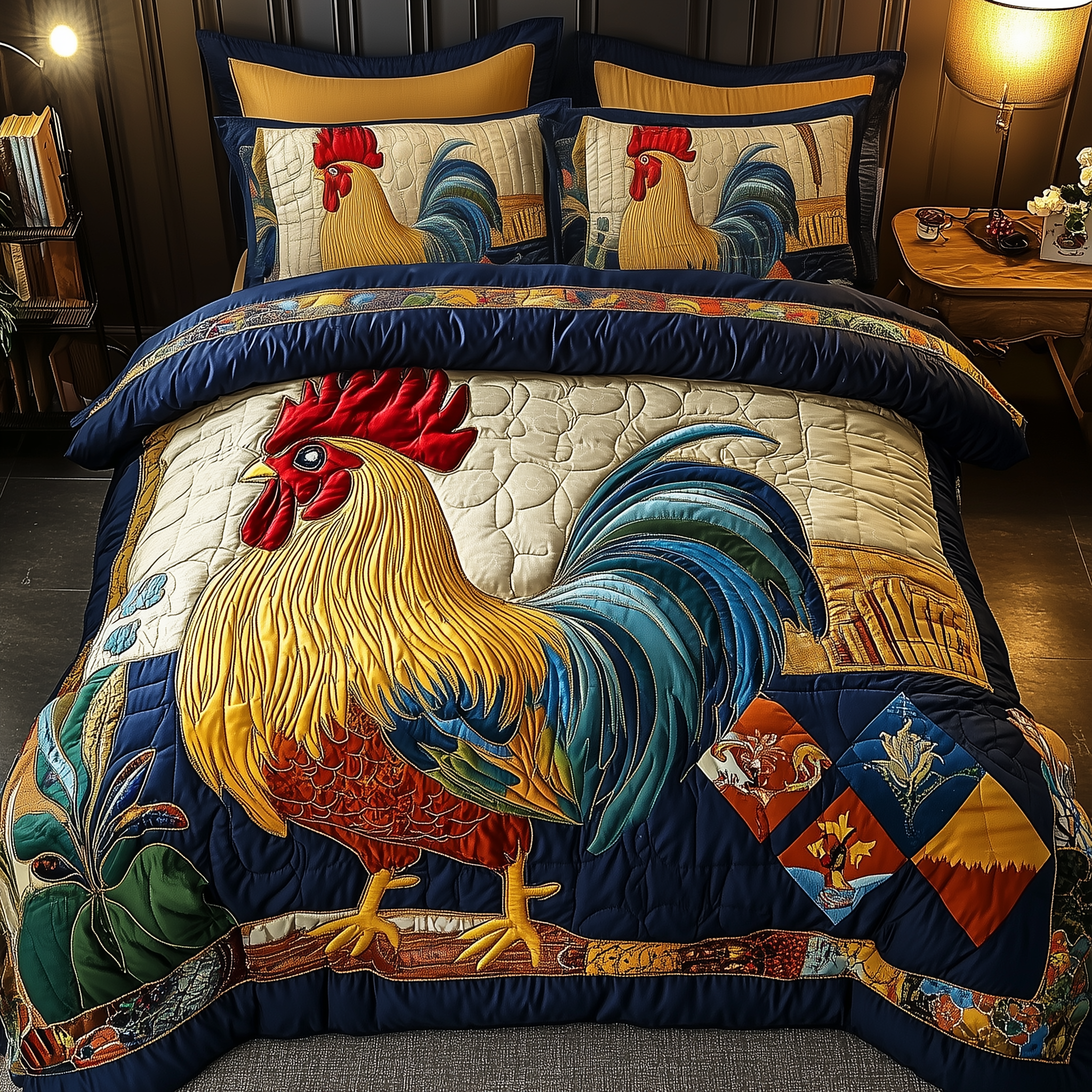 Colorburst Cock Quilted Bedding Set Duvet Cover Bedspread Set Themed Gifts For Chicken Lovers