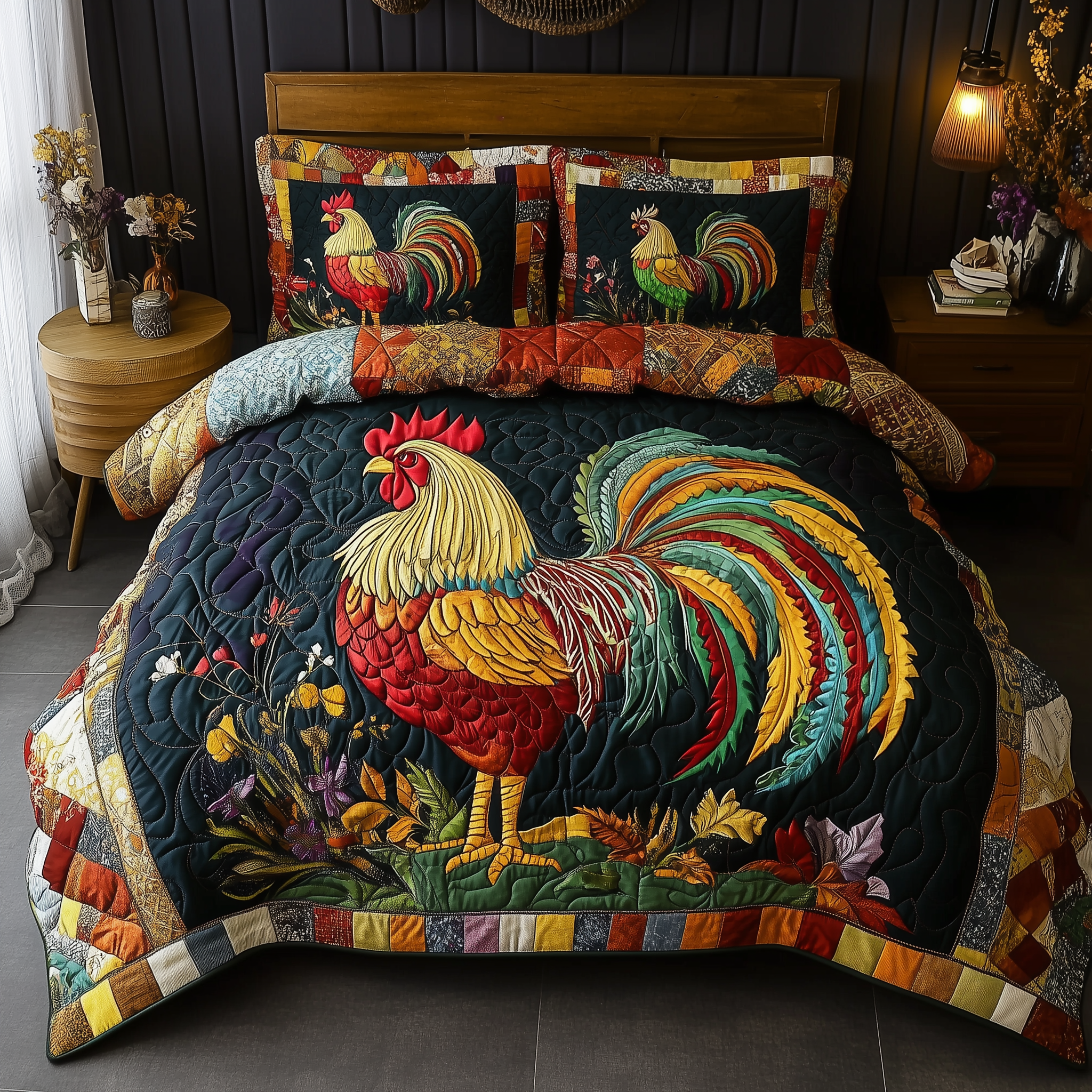 Colorburst Cock Quilted Bedding Set Duvet Cover Bedspread Set Themed Gifts For Son