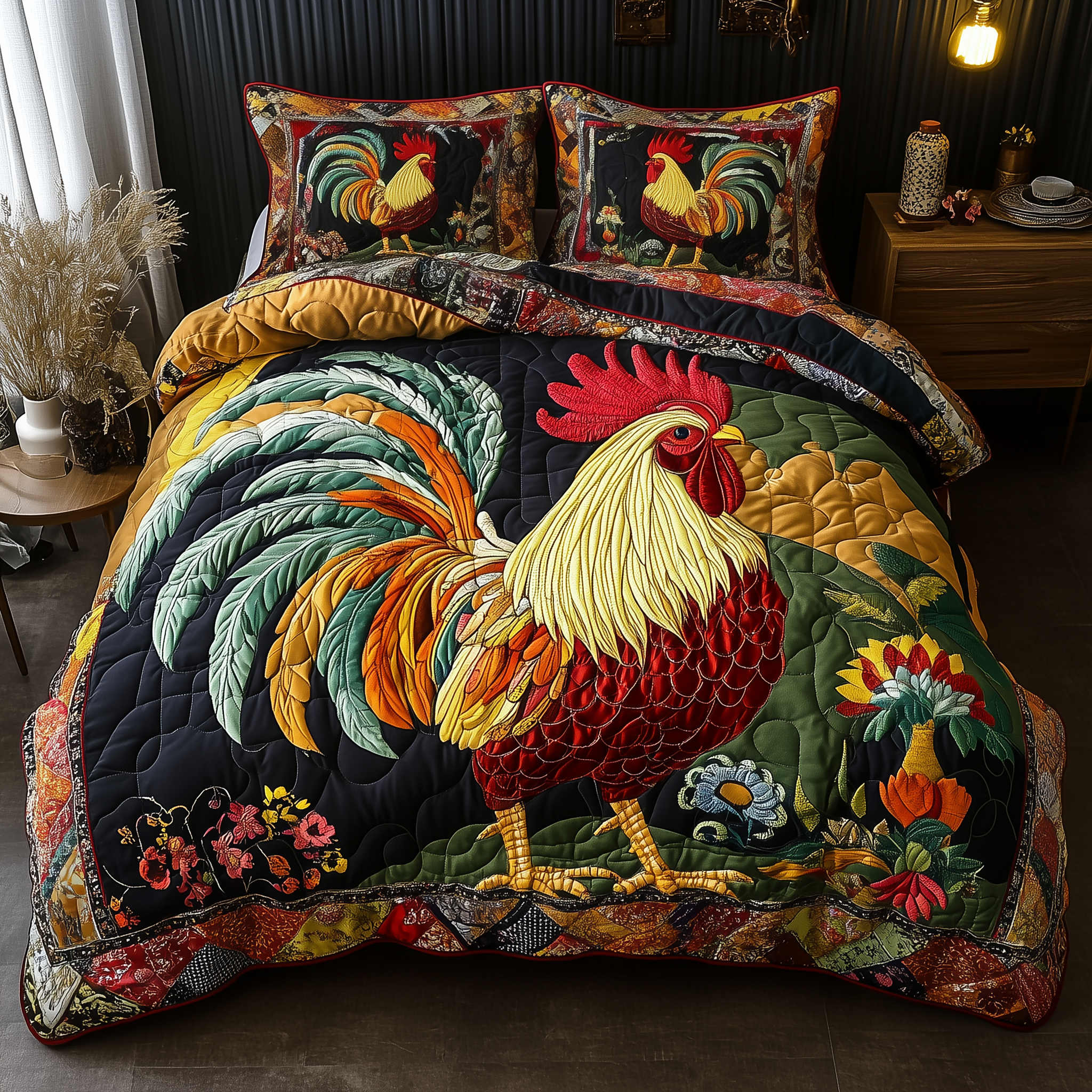 Colorburst Cock Quilted Bedding Set Duvet Cover Bedspread Set Themed Unique Gifts For Adults