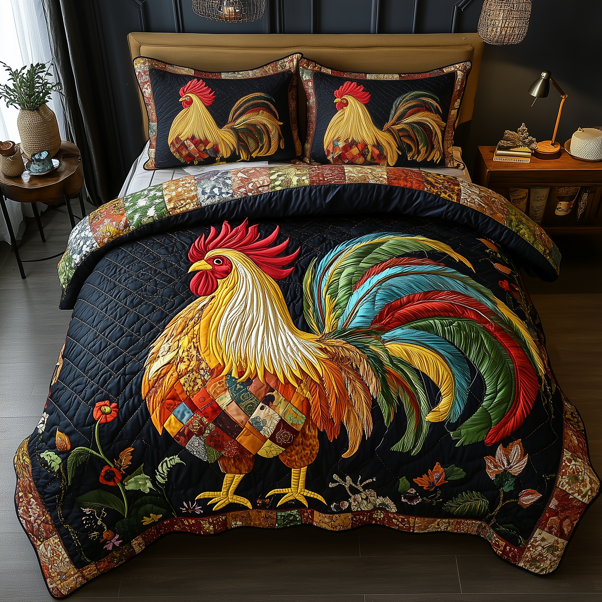 Colorburst Cock Quilted Bedding Set Duvet Cover Bedspread Set Themed Unique Gifts For Dad