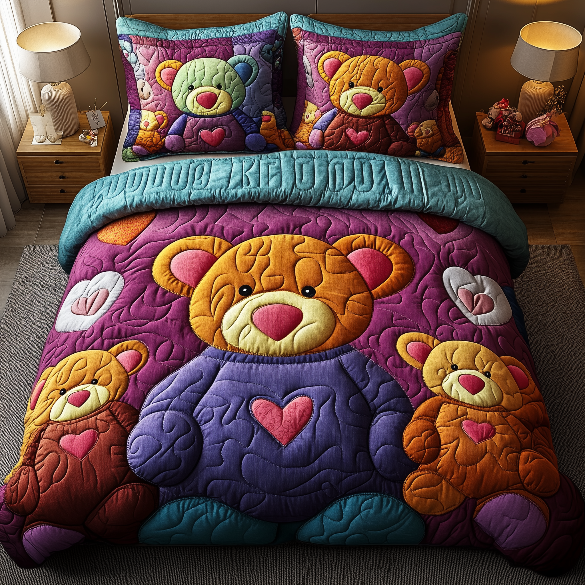 Colorful Bear Charm Quilted Bedding Set Valentine'S Day Duvet Cover Set Bear Themed Gifts