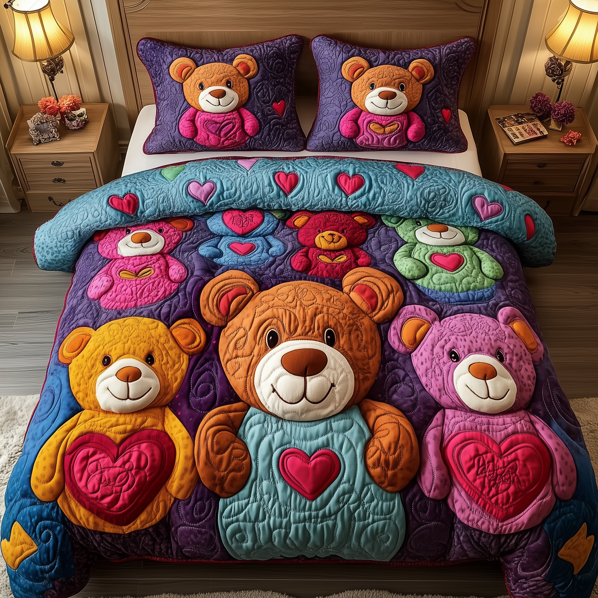 Colorful Bear Charm Quilted Bedding Set Valentine'S Day Duvet Cover Set Gift Ideas For Bear Lovers