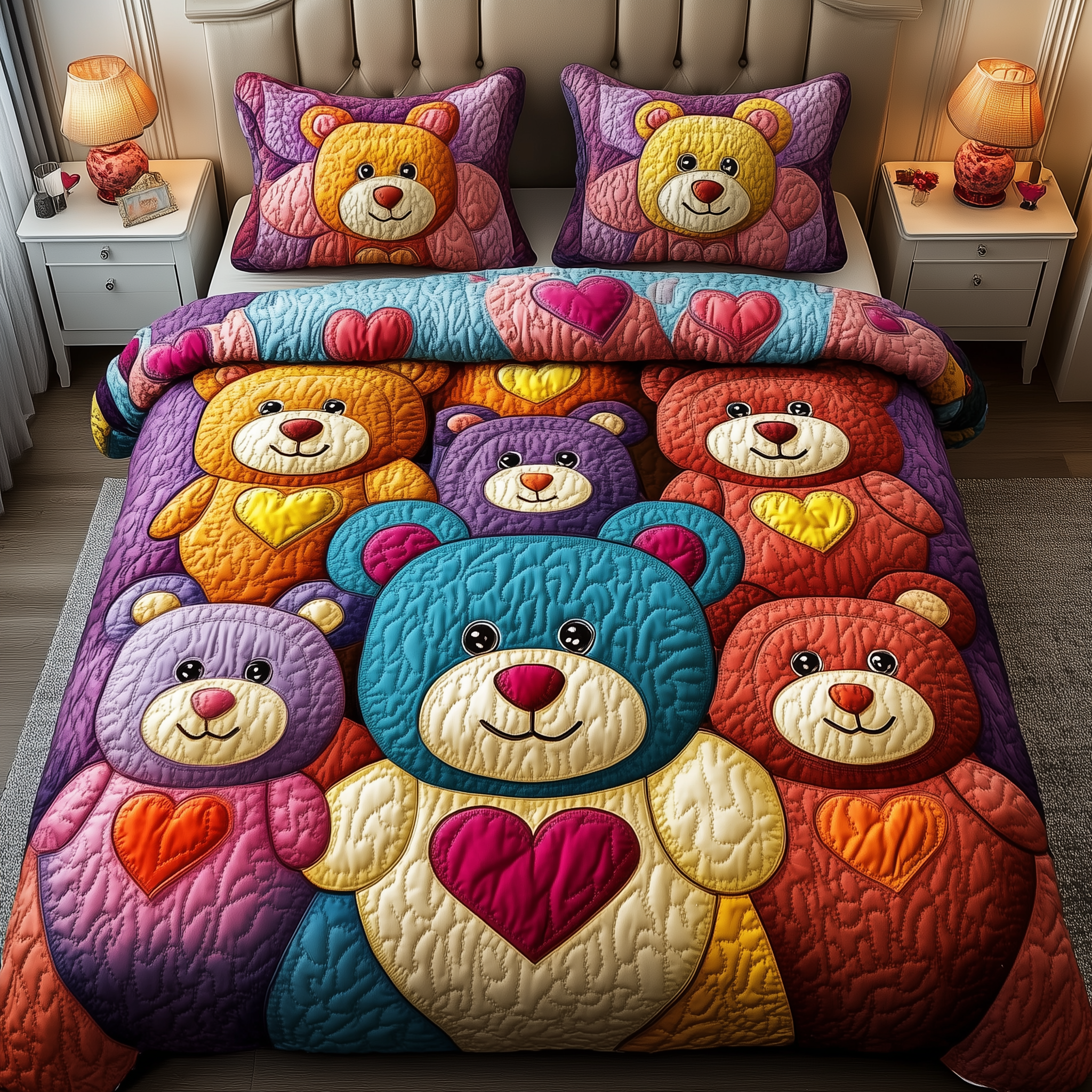Colorful Bear Charm Quilted Bedding Set Valentine'S Day Duvet Cover Set Gifts For Bear Lovers