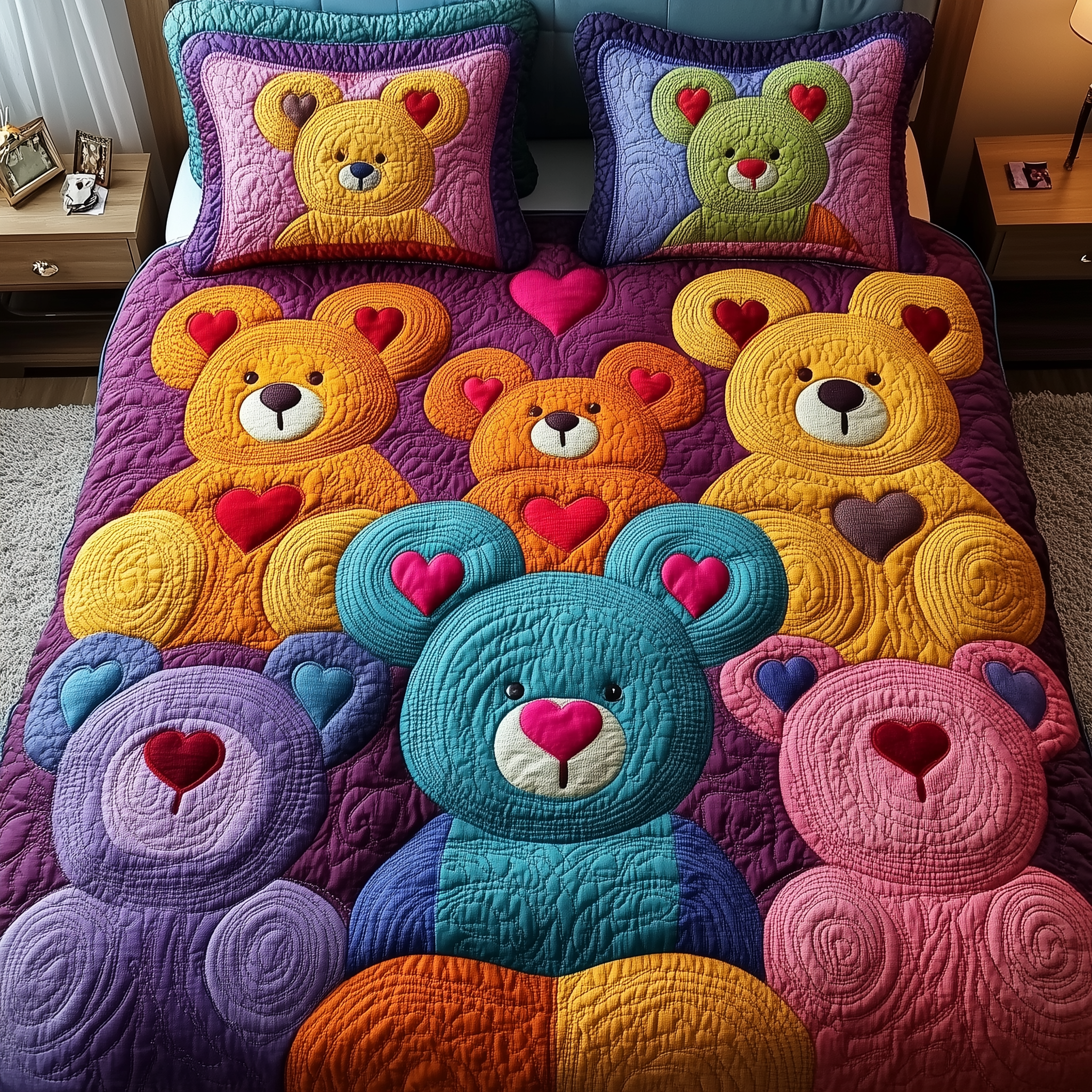 Colorful Bear Charm Quilted Bedding Set Valentine'S Day Duvet Cover Set Presents For Bear Lovers