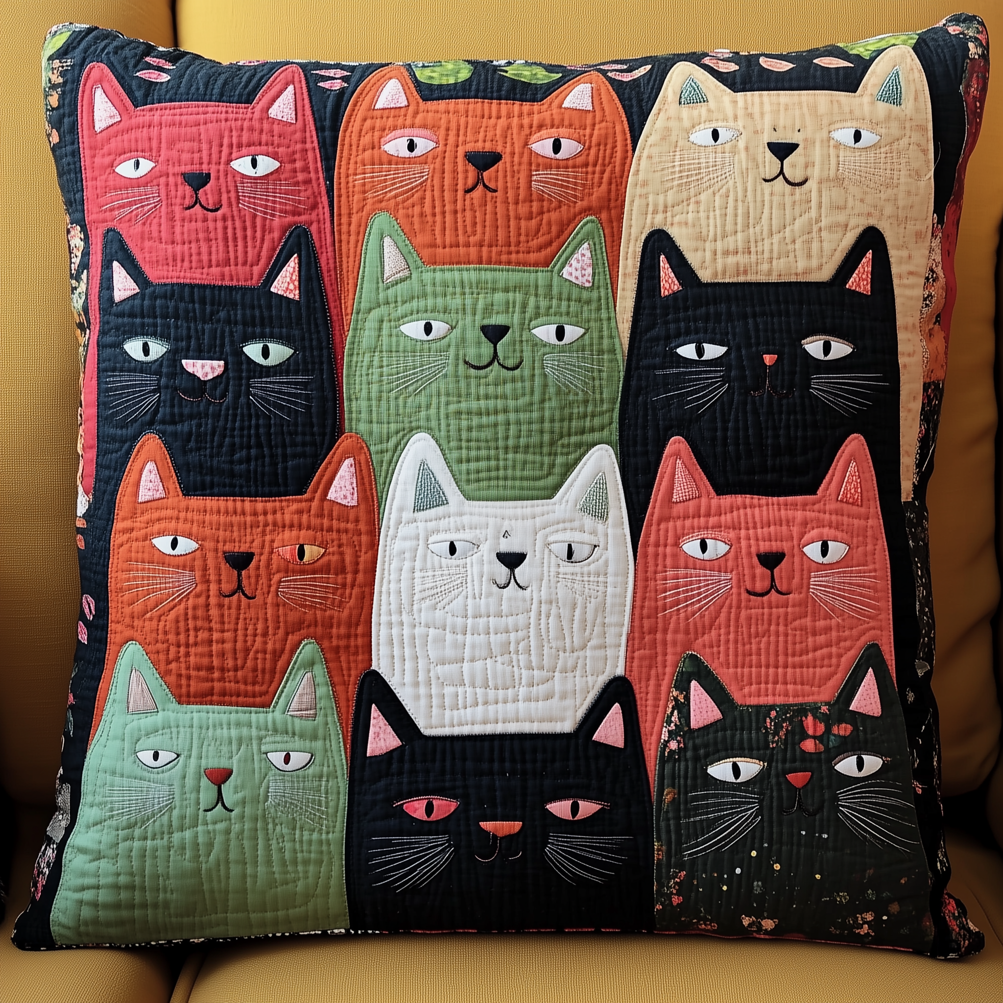 Colorful Cat Gaze Quilted Pillow Case Holiday Throw Pillow Cover Best Cat Christmas Gifts