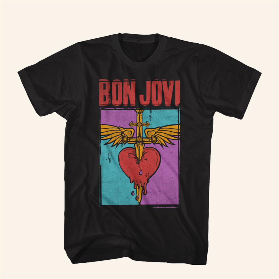Colorful Distressed Band Logo Black T-Shirt Bon Jovi Merch Gifts For Dad Gifts For Besties