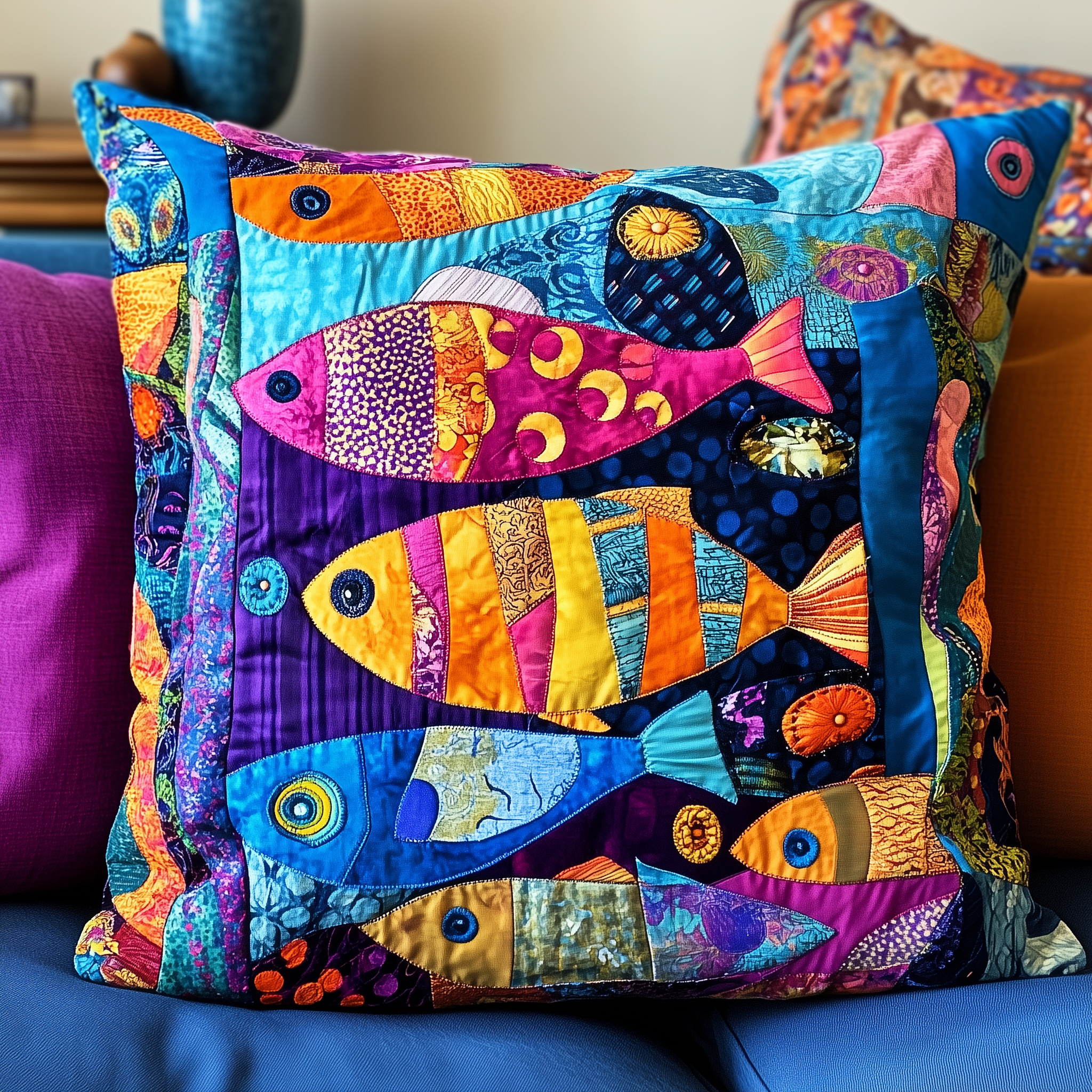 Colorful Fishes Patchwork Quilted Pillow Case Decorative Pillow Cover Items Fishing Christmas Gifts