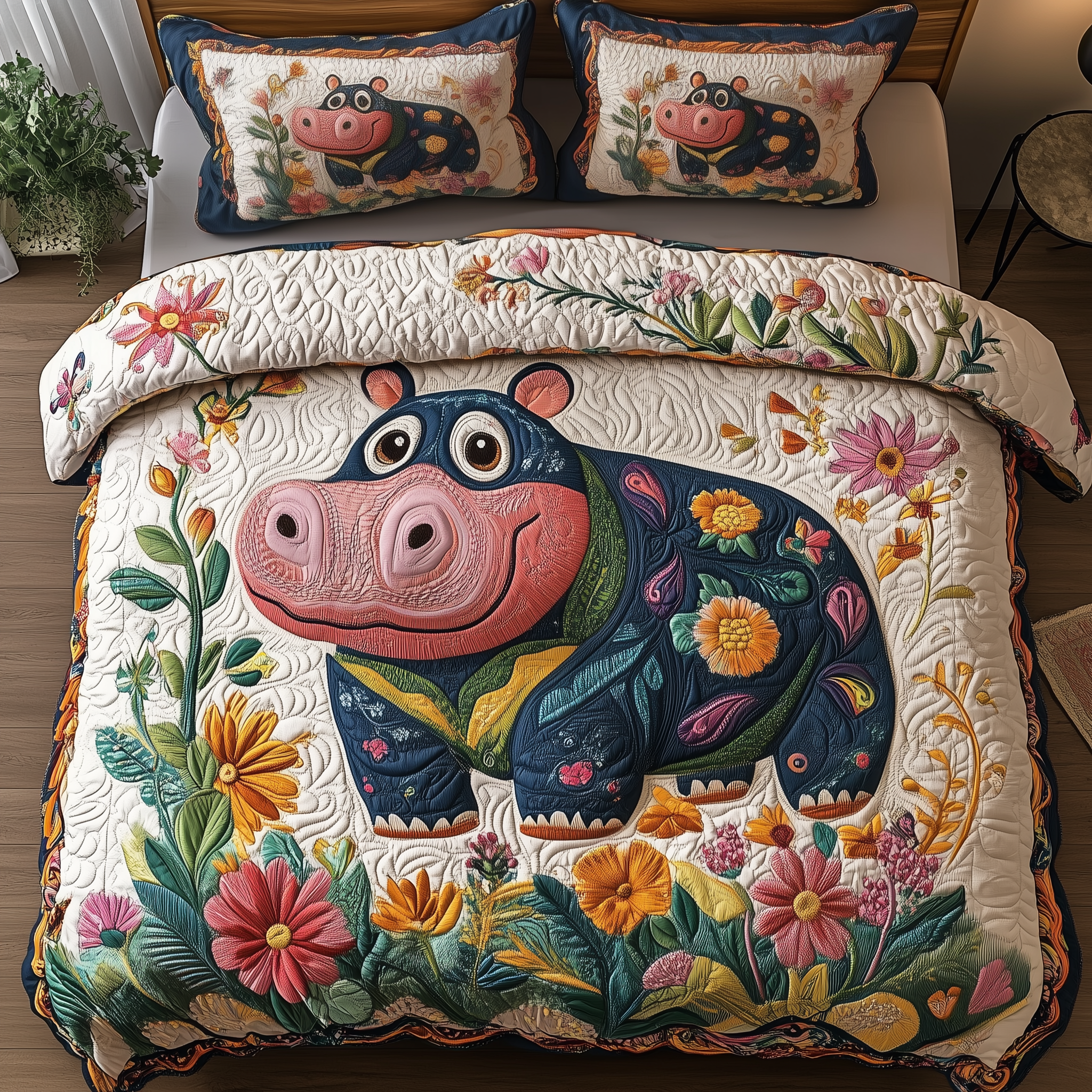 Colorful Nature Hippo Quilted Bedding Set Unique Duvet Cover Bedspread Set Ideas For Girlfriend