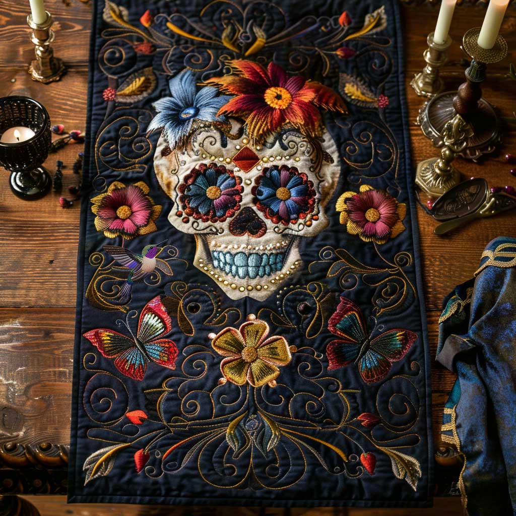 Colorful Skull Quilted Table Runner Decorations Themed Skull Christmas Gifts For Guys Men