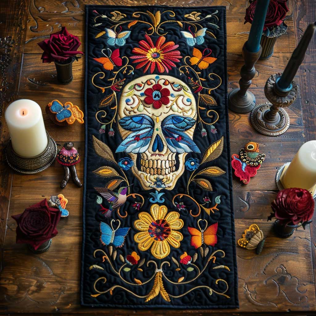 Colorful Skull Quilted Table Runner Decorations Themed Skull Christmas Gifts For Men