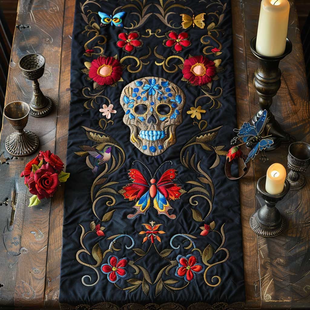 Colorful Skull Quilted Table Runner Decorations Themed Skull Christmas Gifts For Men Dad