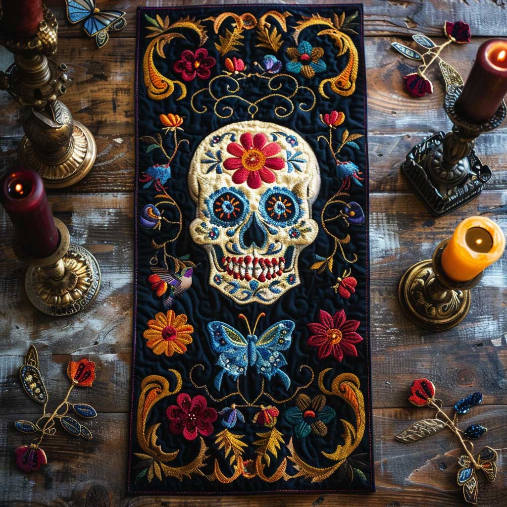 Colorful Skull Quilted Table Runner Merchandise Skull Presents For Her Women Christmas